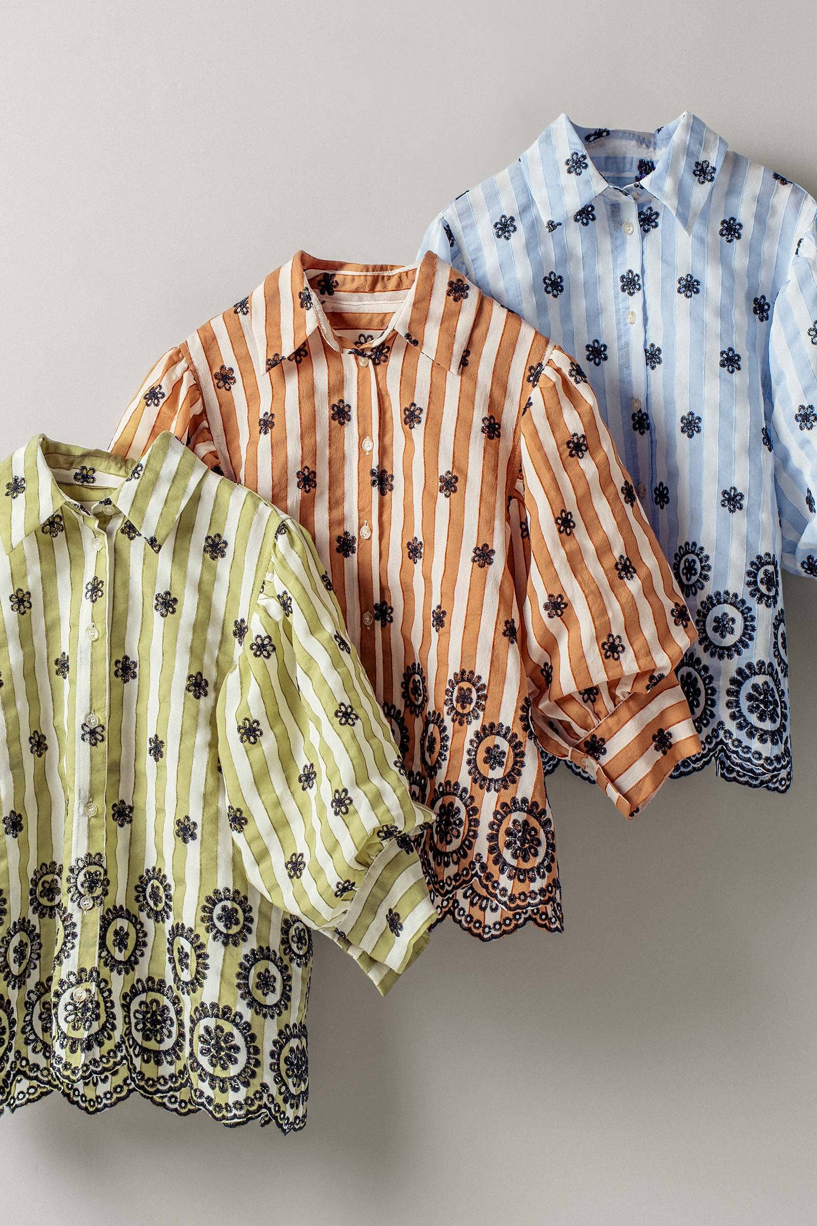 Urban Daizy Striped Floral Embroidered Scallop Blouse Olive Button Down Shirt - Women's (UDZ-TP-00953) – alternate view 4