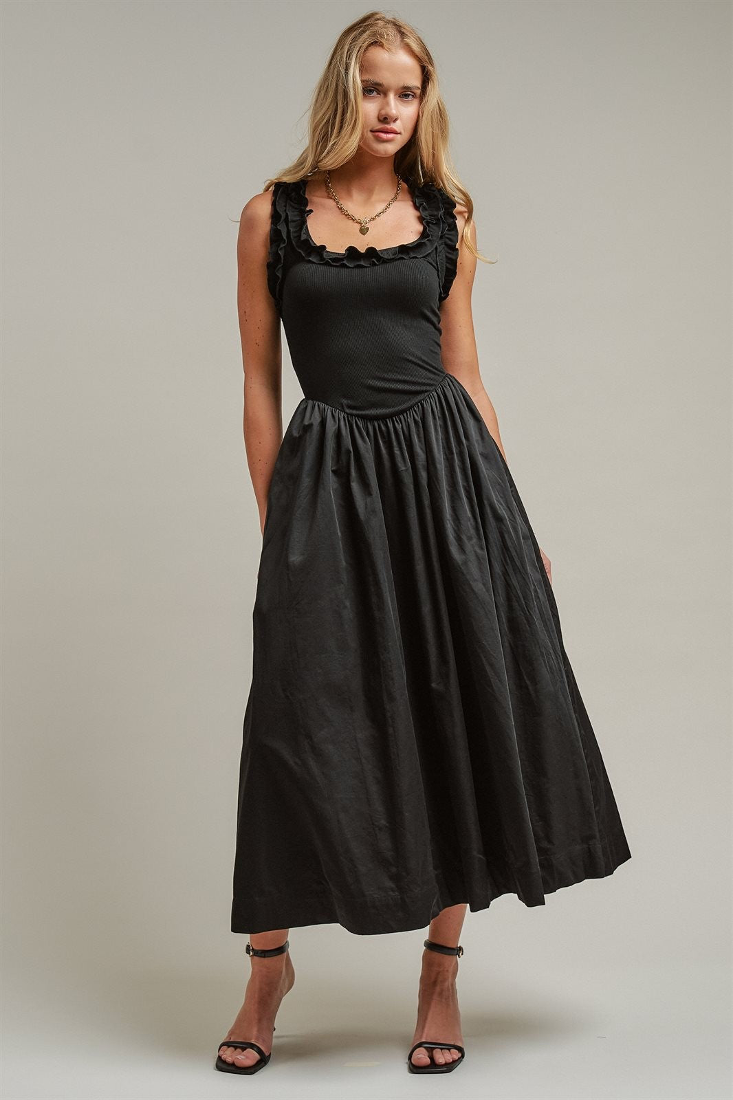 Soft Ruffle Bodice Midi Dress in BLACK - Women's Dresses | Urban Daizy