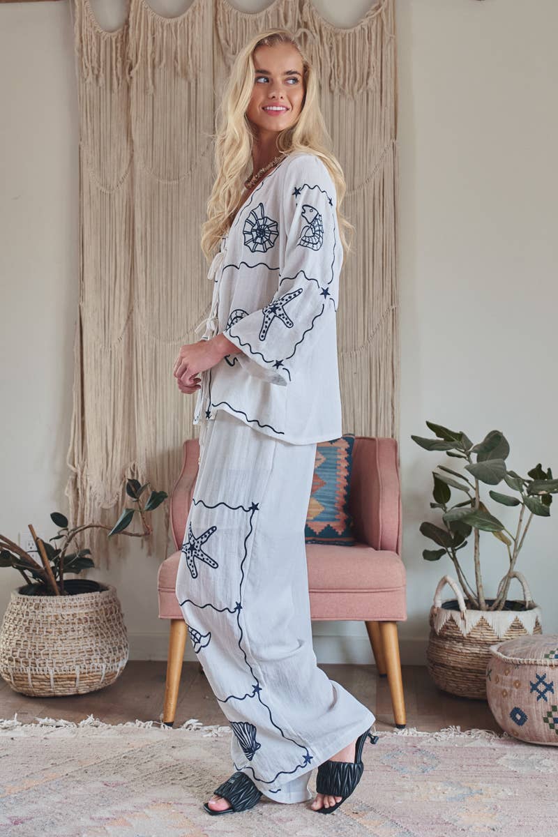 Nautical Shell Embroidered Tie-Front Top