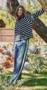 Striped Mock Neck Sweater with Rolled Neckline in IVORY NAVY - Women's Sweaters | Urban Daizy