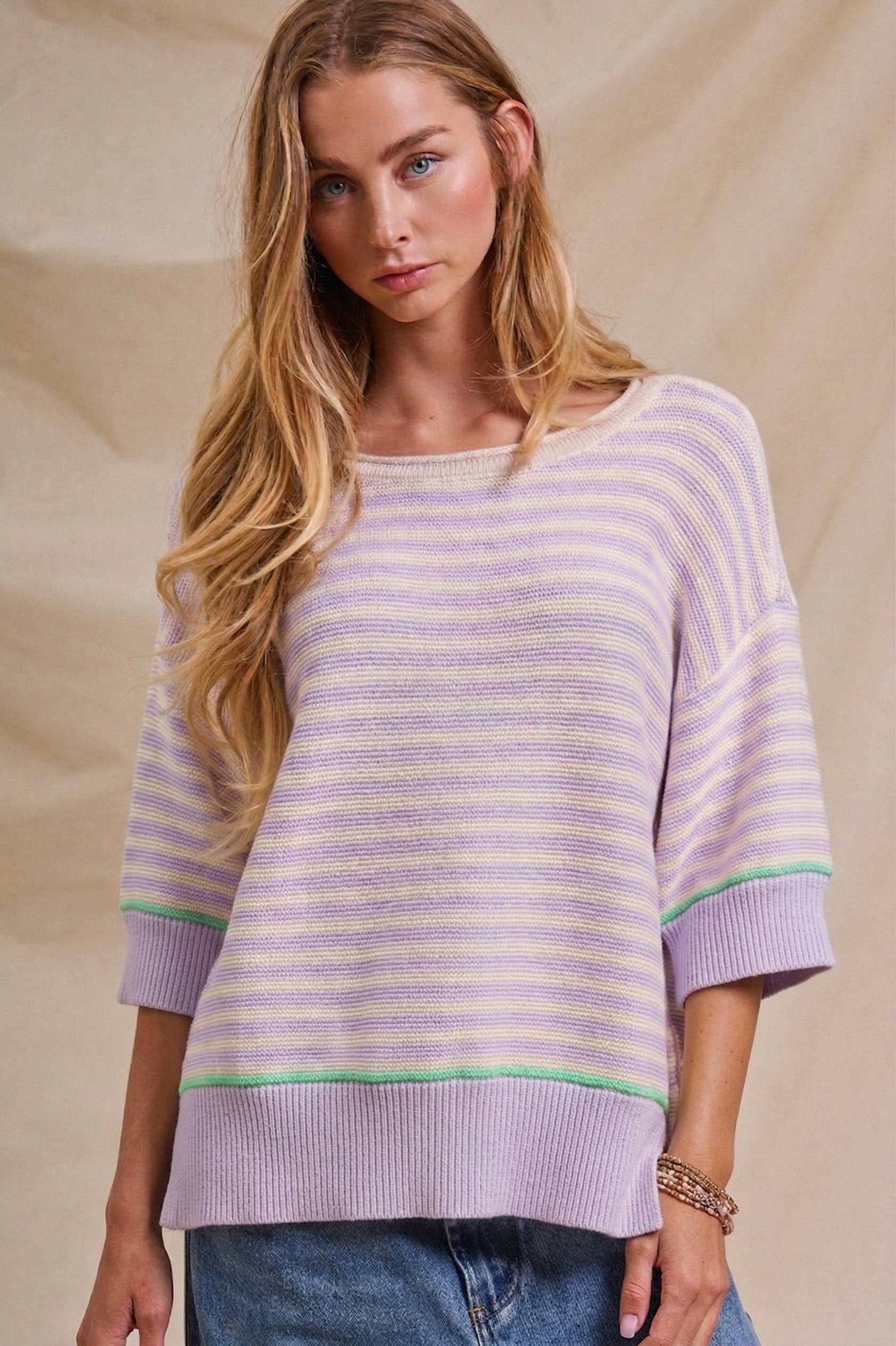 Yellow Striped Contrast Trim Sweater Tee
