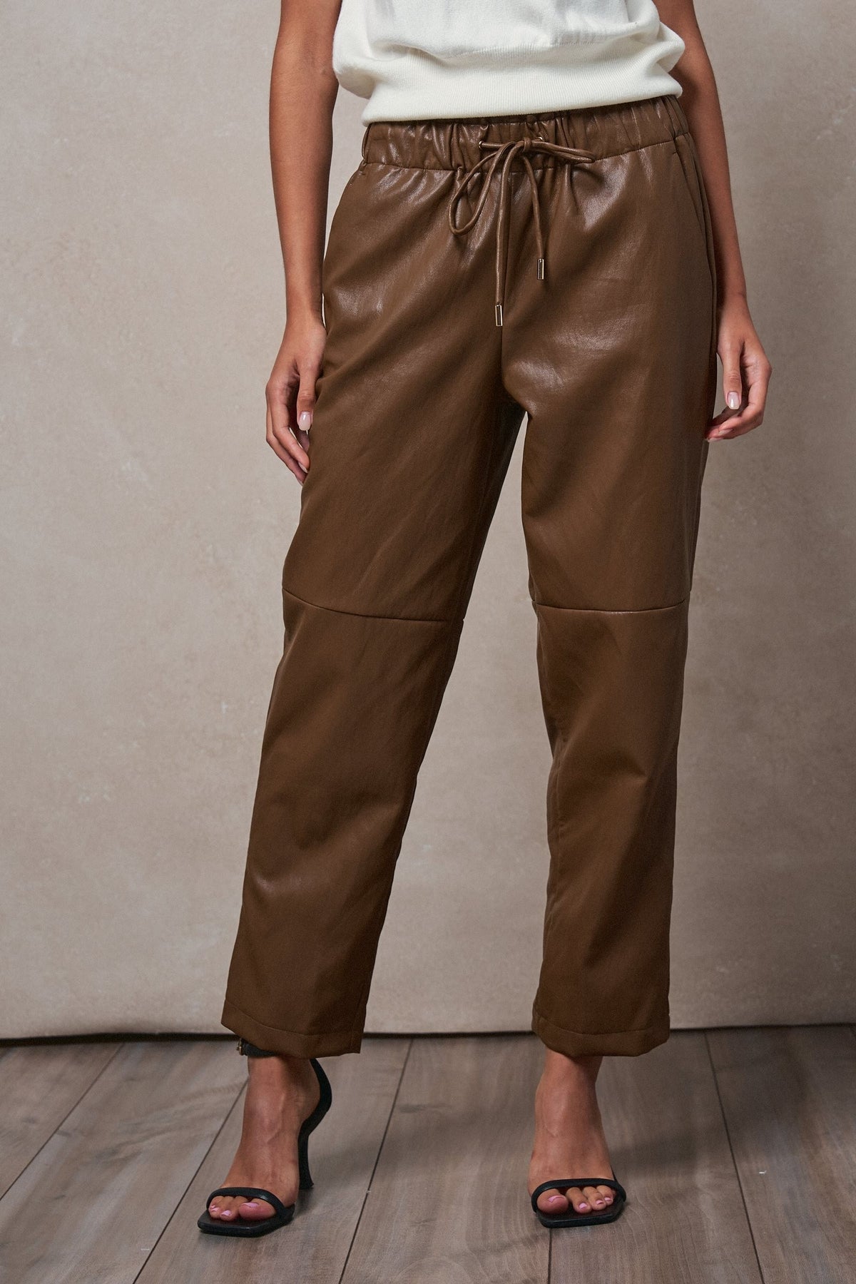Faux Leather Drawstring Jogger Pants in BROWN - Women's Casual Pants | Urban Daizy
