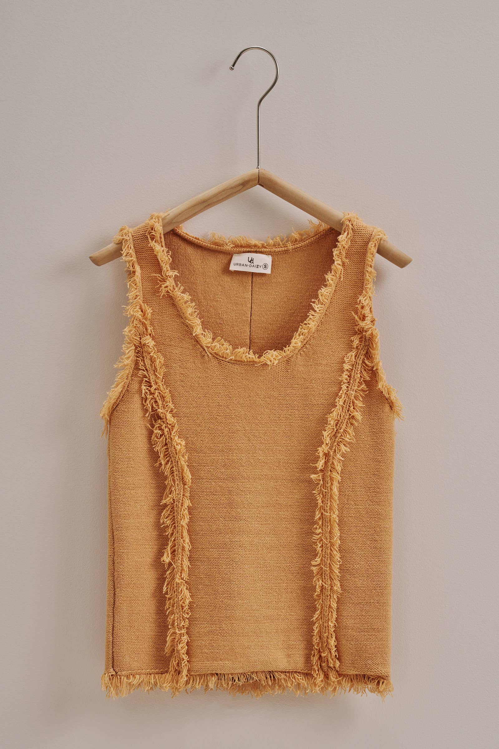 Frayed Trim Textured Knit Sleeveless Top