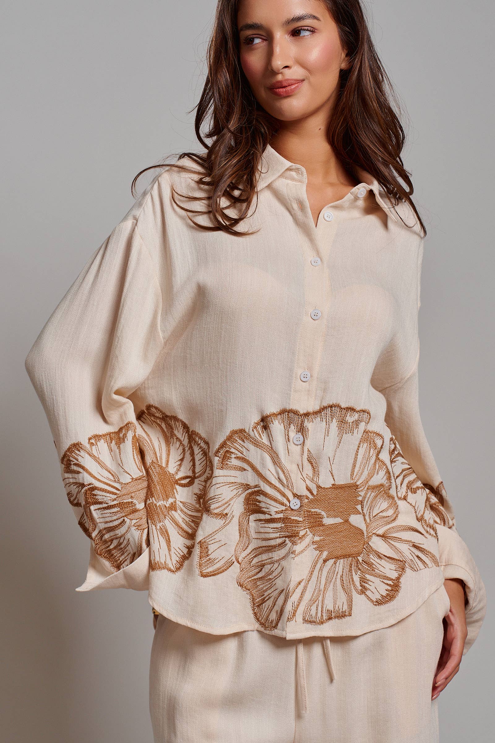 Floral Embroidered Oversized Button Down Shirt