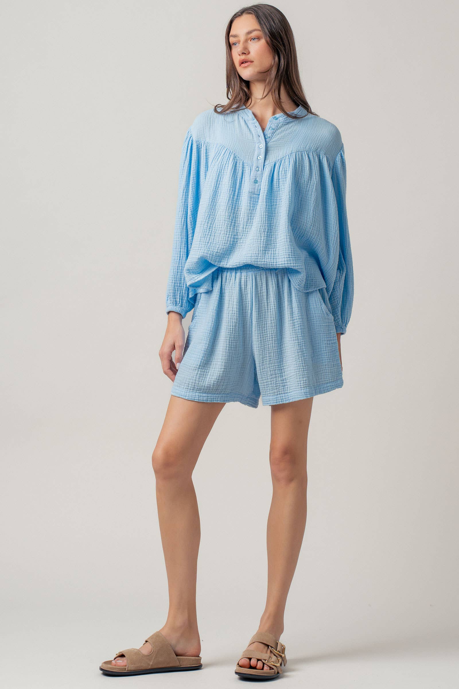 Garment Dyed Cotton Gauze Button Down Top And Shorts Set