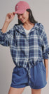 Plaid Flannel Hooded Shirt Jacket with Drawstring Hem in NAVY - Women's Shirts & Blouses | Urban Daizy