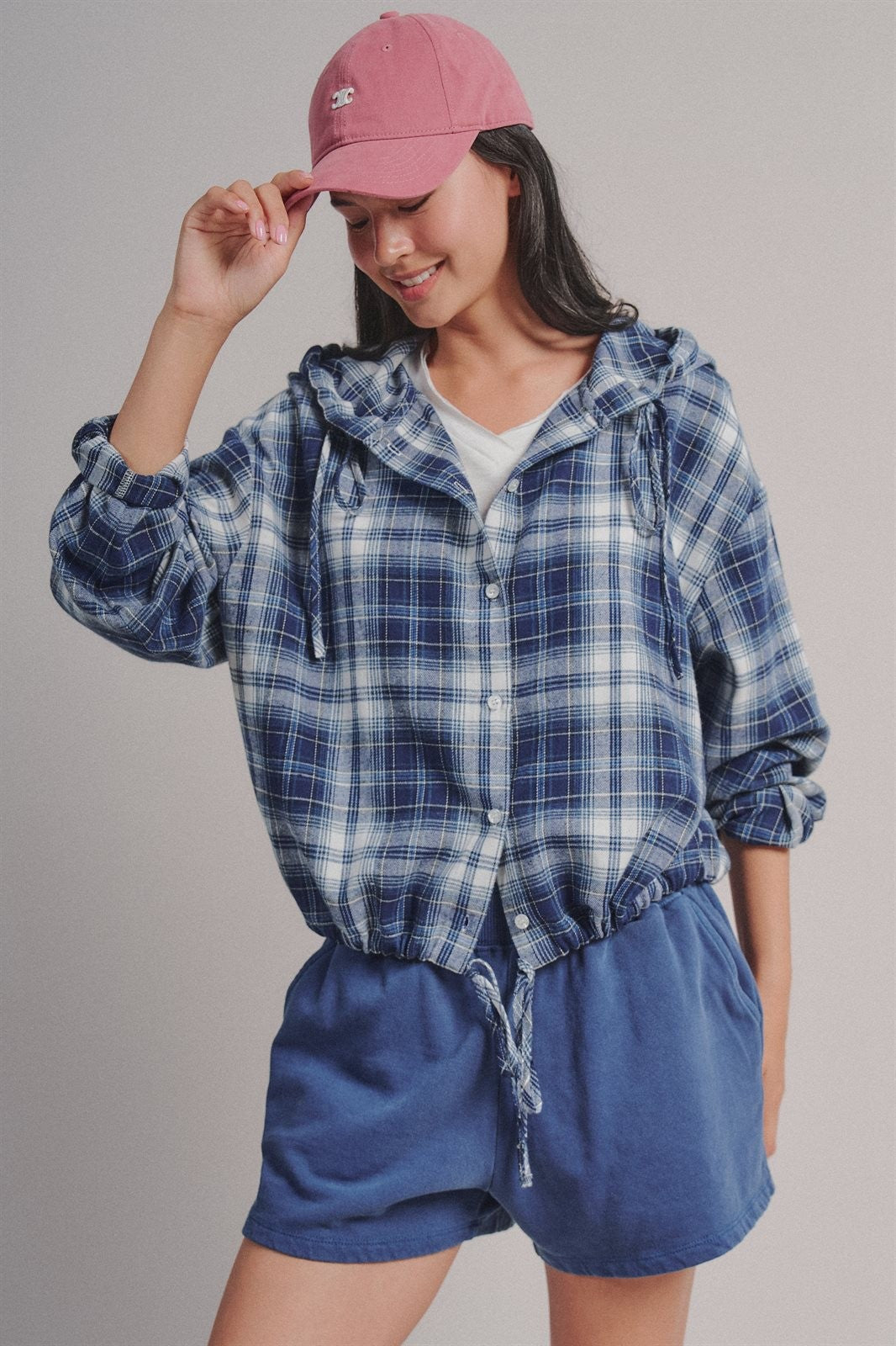 Plaid Flannel Hooded Shirt Jacket with Drawstring Hem in NAVY - Women's Shirts & Blouses | Urban Daizy