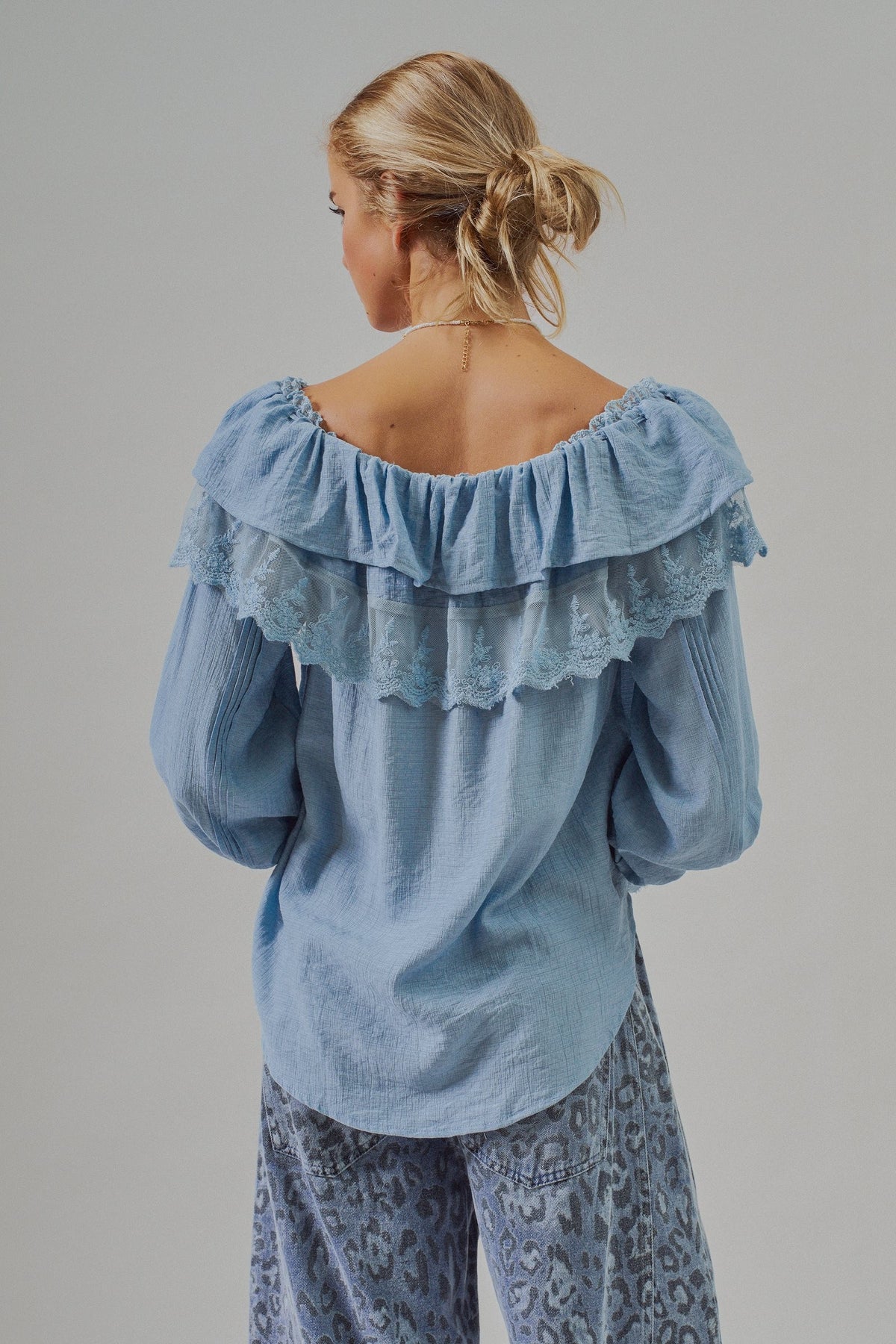 Lace Trim Ruffle Tie Neck Spring Blouse Top