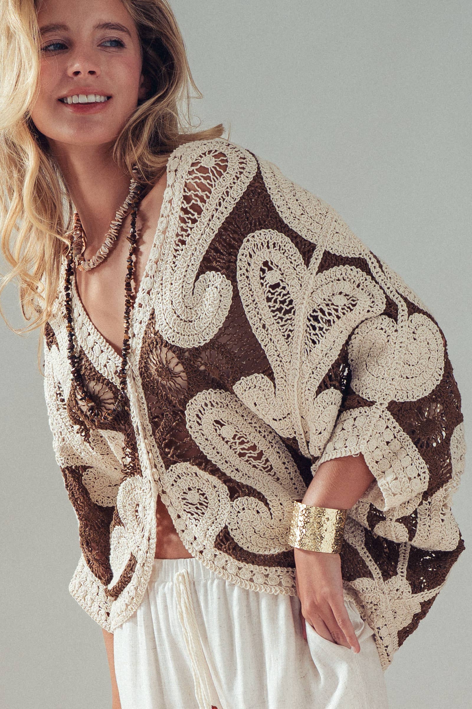 Oversized Paisley Crochet Knit Cardigan