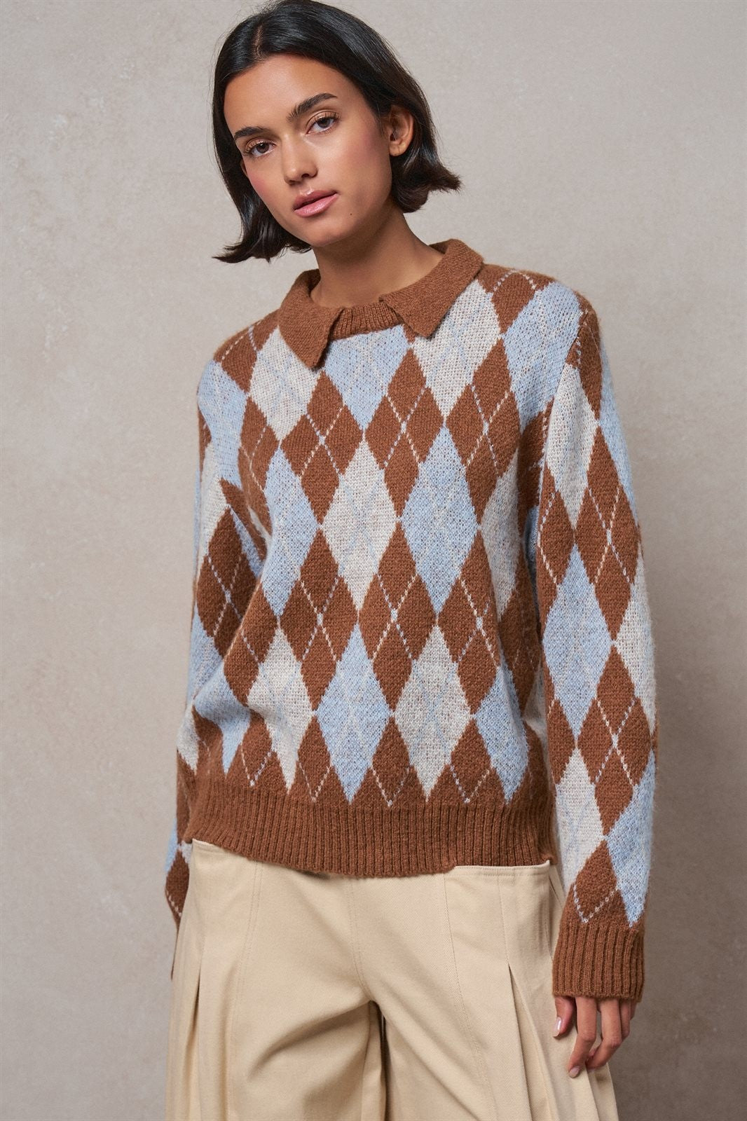 Argyle Polo Collar Sweater in BROWN MULTI - Women's Sweaters | Urban Daizy