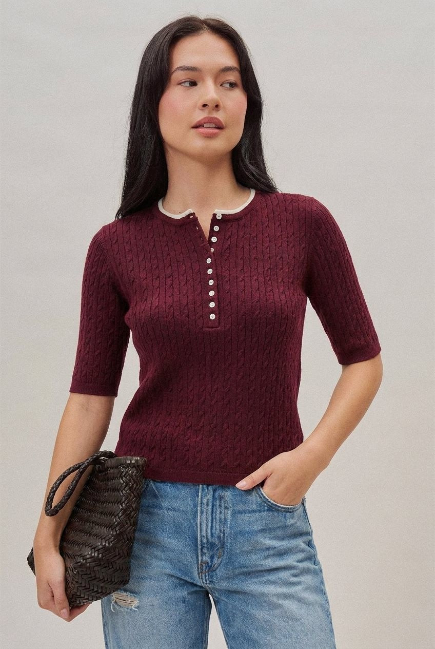 Wool Blend Cable Knit Henley with Contrast Neckline in BURGUNDY - Women's Sweaters | Urban Daizy