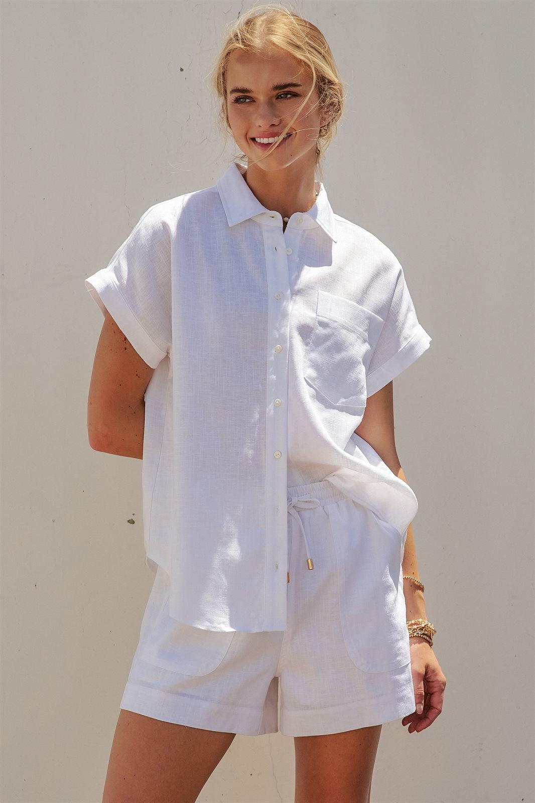 Coastal Ease Linen Short Sleeve Shirt in WHITE - Women's Tops | Urban Daizy