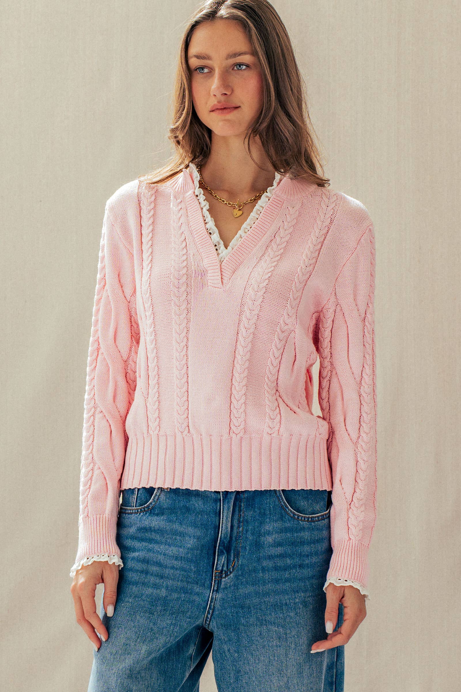 Lace Trim Cable Knit Pullover Sweater