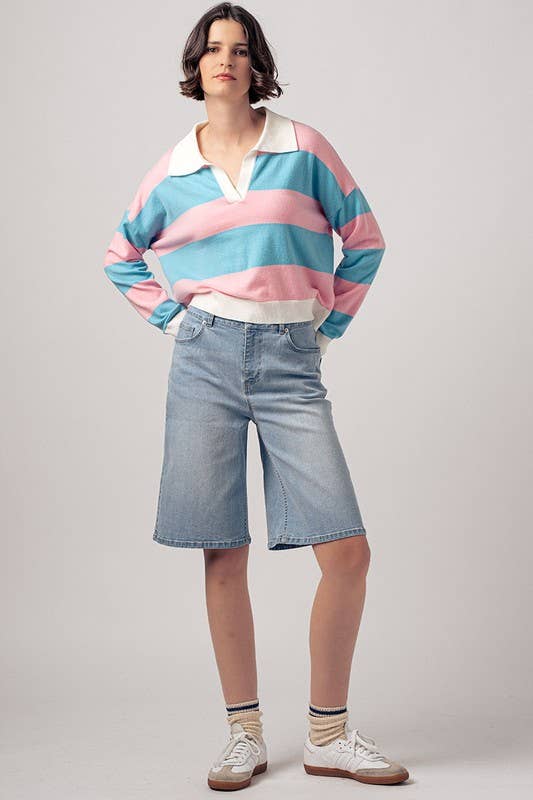 Preppy Striped Contrast Collar Cropped Rugby Long Sleeve Top