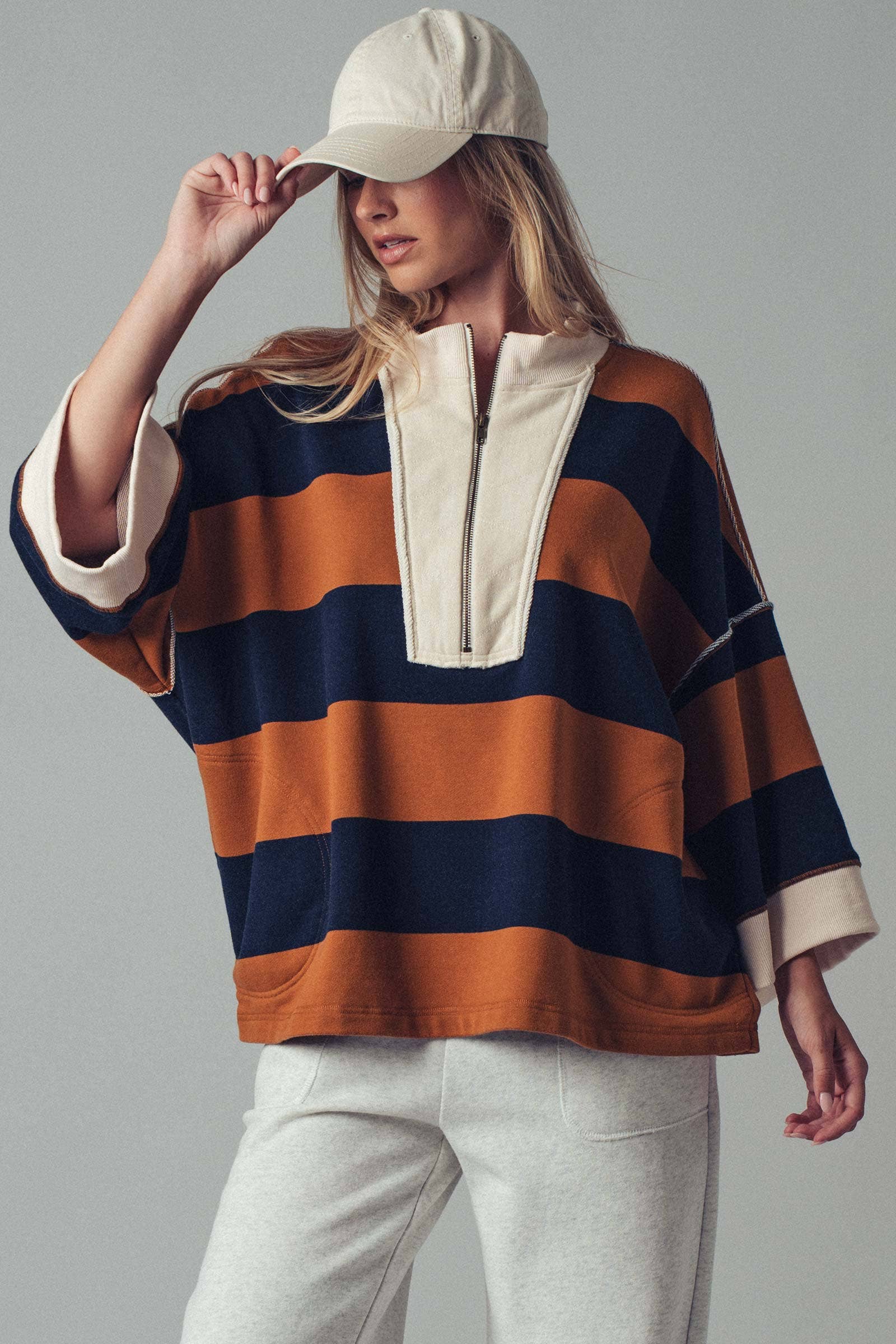 Urban Daizy Oversized Half Zip Bold Stripe Statement Pullover Sweatshirt Cream-Black Sweatshirt - Women's (UDZ-KN-00450)…