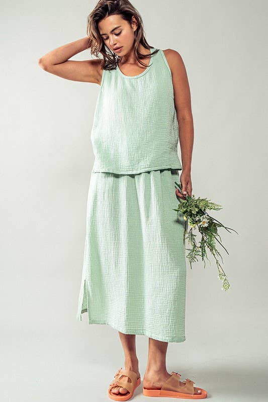 Urban Daizy Soft Double Gauze Elastic Waist Midi Skirt Blue-Sage Skirt - Women's (UDZ-SK-00060) – alternate view 6