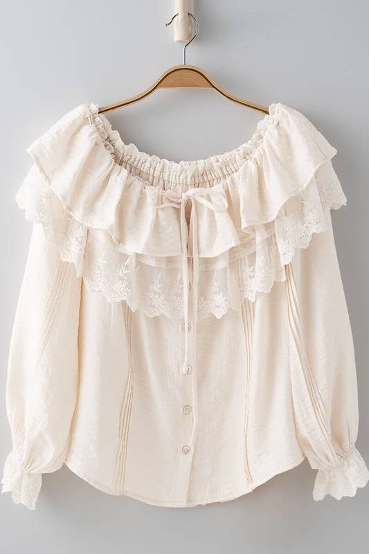 Lace Trim Ruffle Tie Neck Spring Blouse Top
