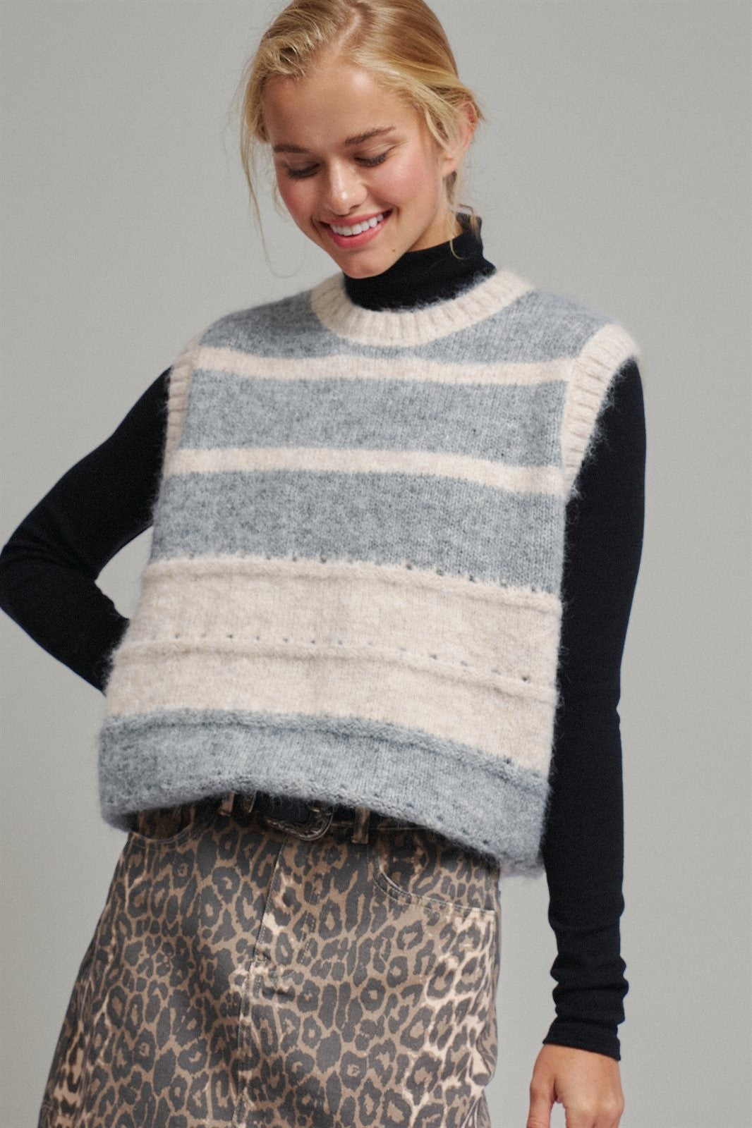 Striped Fuzzy Knit Sweater Vest in GREY - Women's Sweater Vests | Urban Daizy