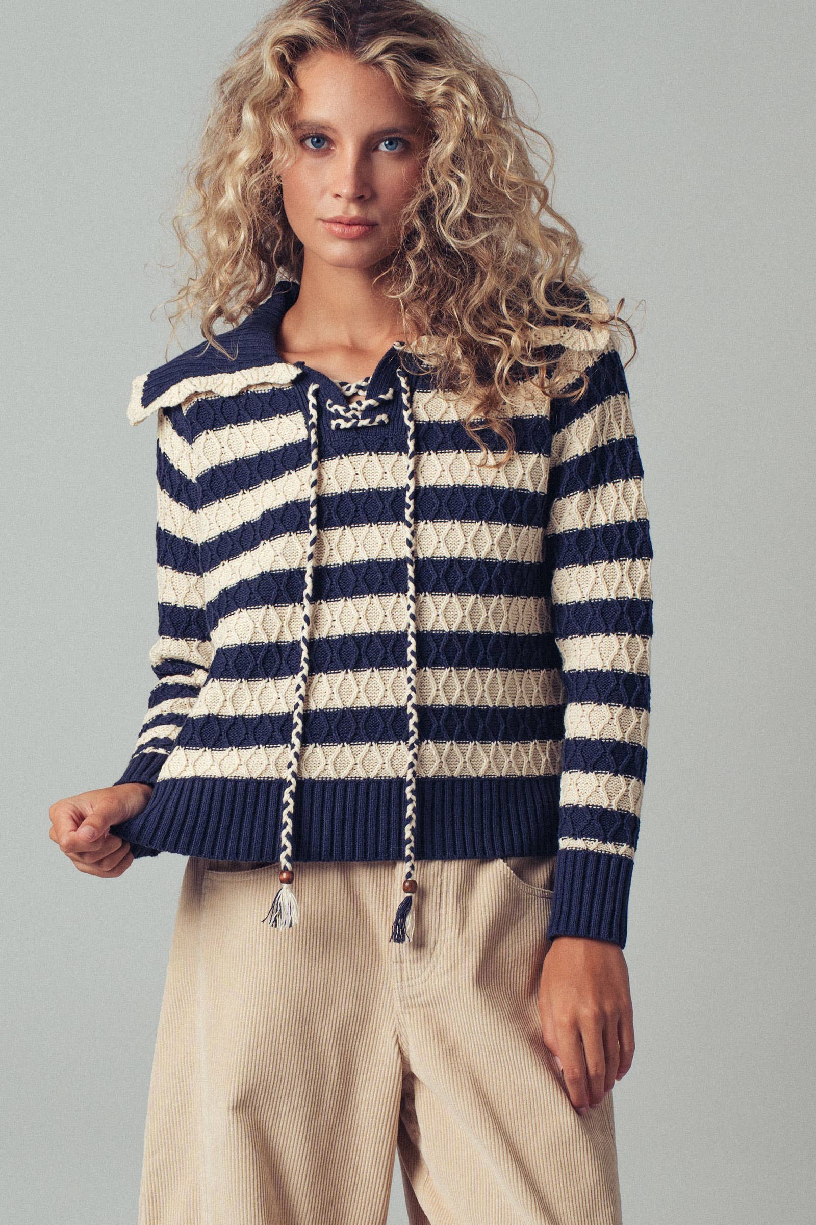Lace-Up Cable Knit Striped Sweater Top