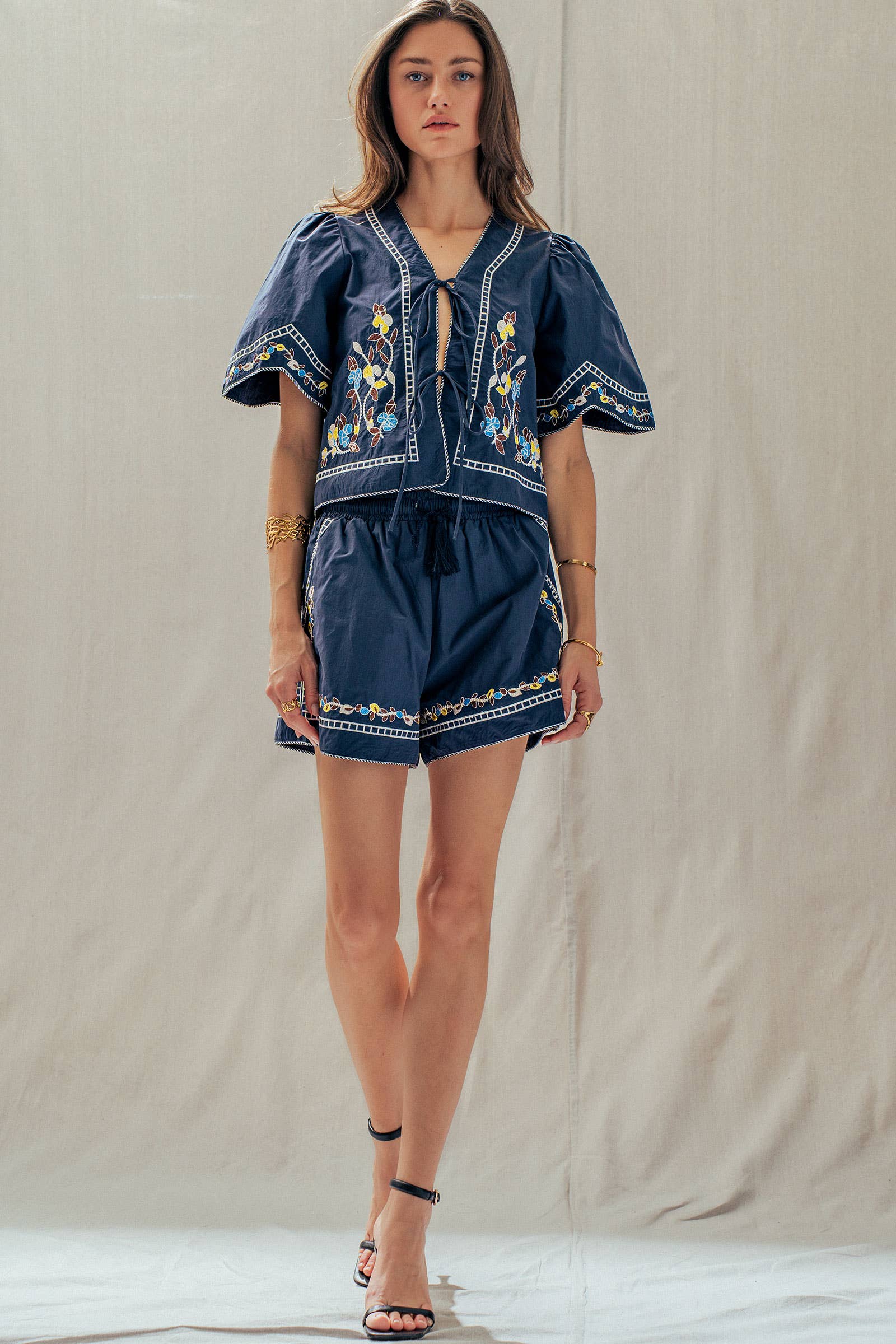 Floral Embroidered Drawstring Cotton Shorts