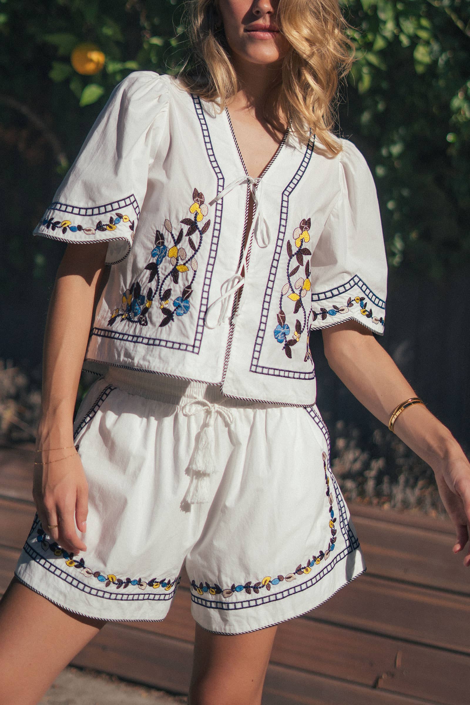 Urban Daizy Floral Embroidered Drawstring Cotton Shorts Navy Shorts - Women's (UDZ-PT-00453) – alternate view 4