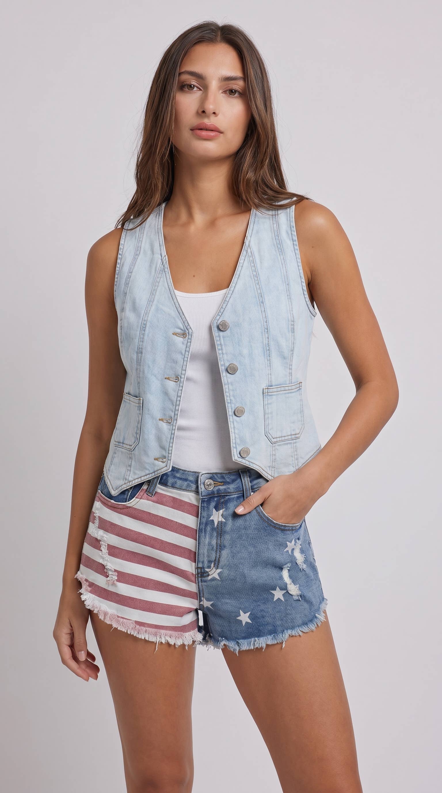 Fitted V-Neck Button-Front Denim Vest