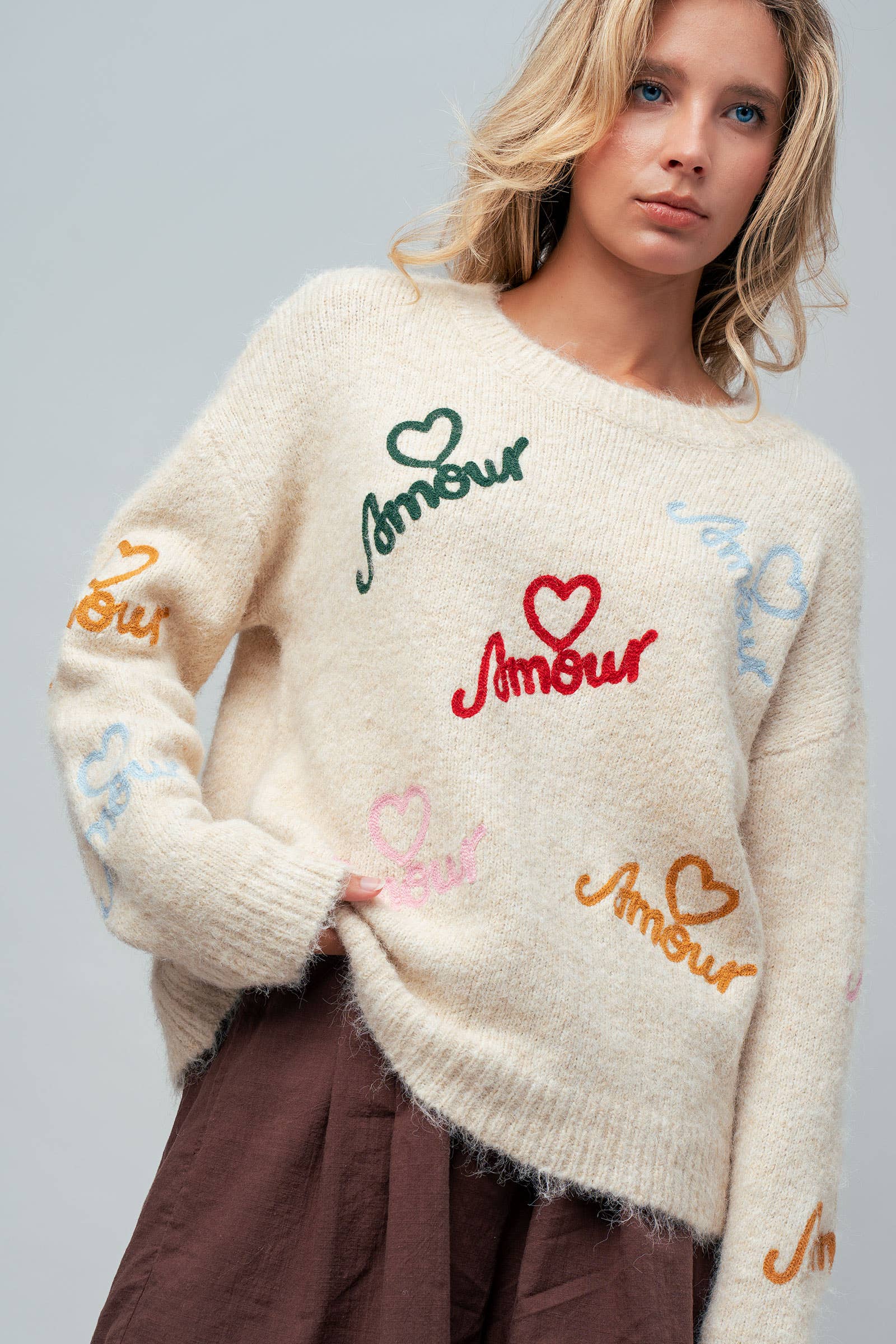 Embroidered Fuzzy Knit Sweater