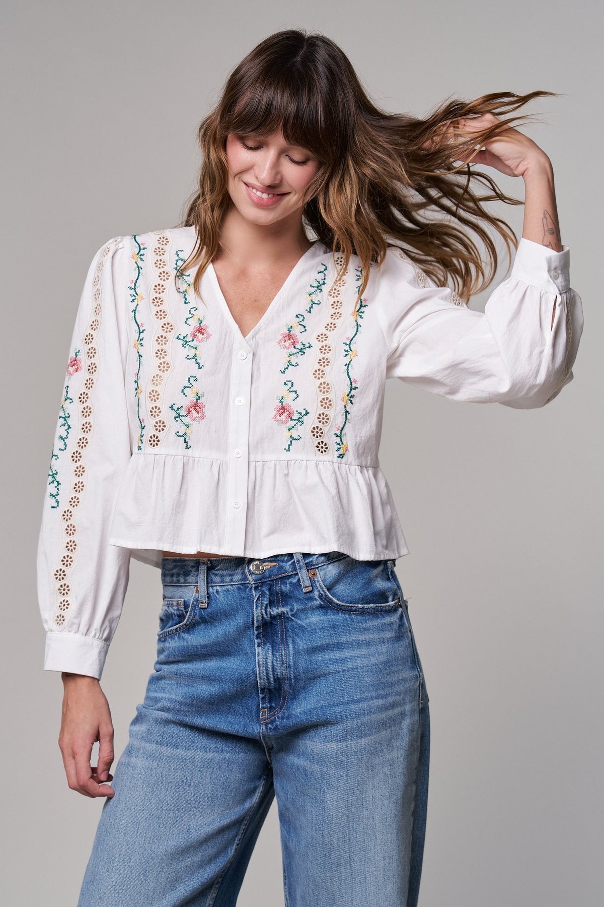 Folk Song Embroidered Peplum Blouse in WHITE - Women's Shirts & Blouses | Urban Daizy
