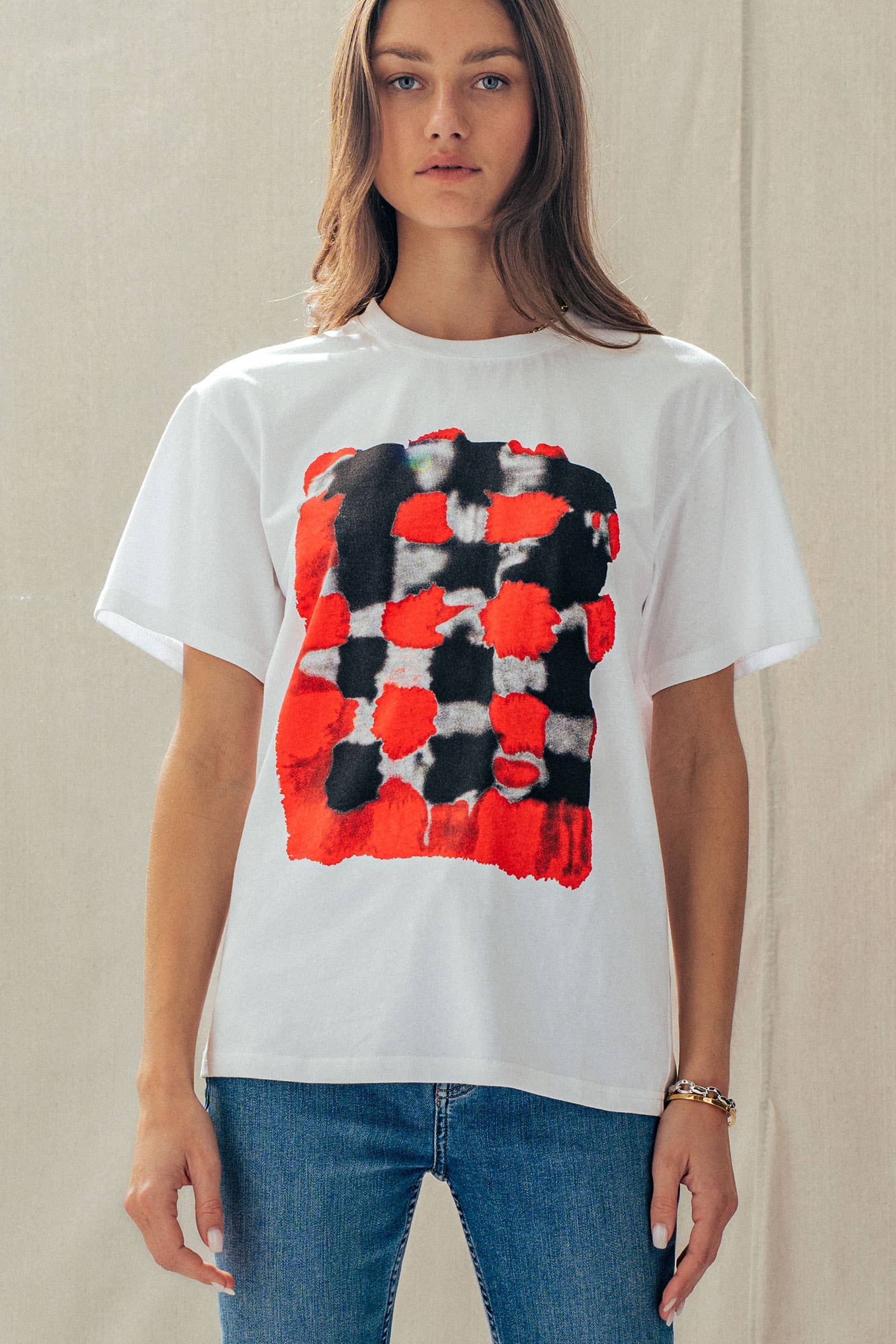 Urban Daizy Abstract Painted Graphic Rolled Sleeve Tee Blue Screen Printed T-Shirt - Women's (UDZ-TP-01002) – alternate view 2