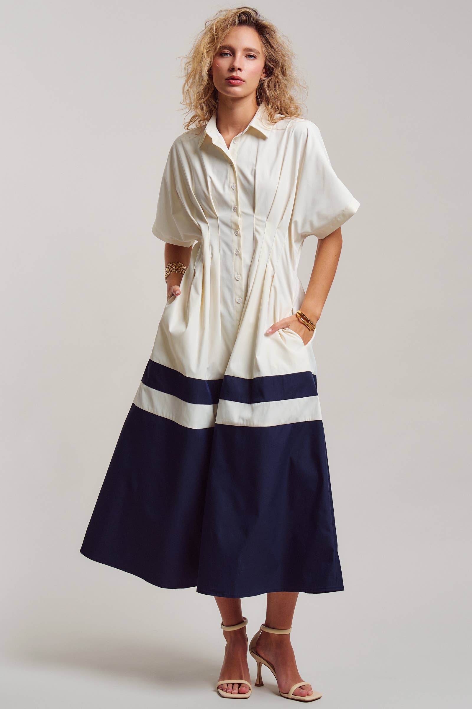 Colorblock Button-Up Cotton Midi Dress