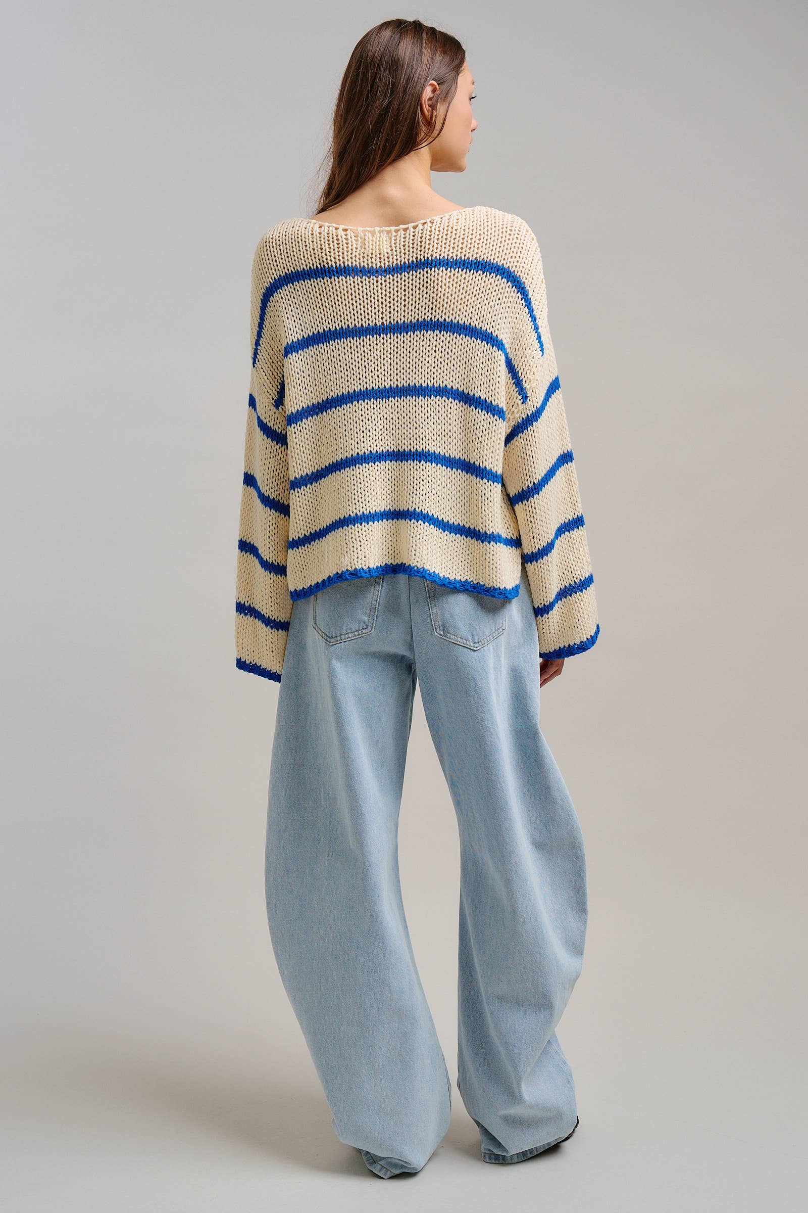 Nautical Striped Open Knit Slouchy Sweater