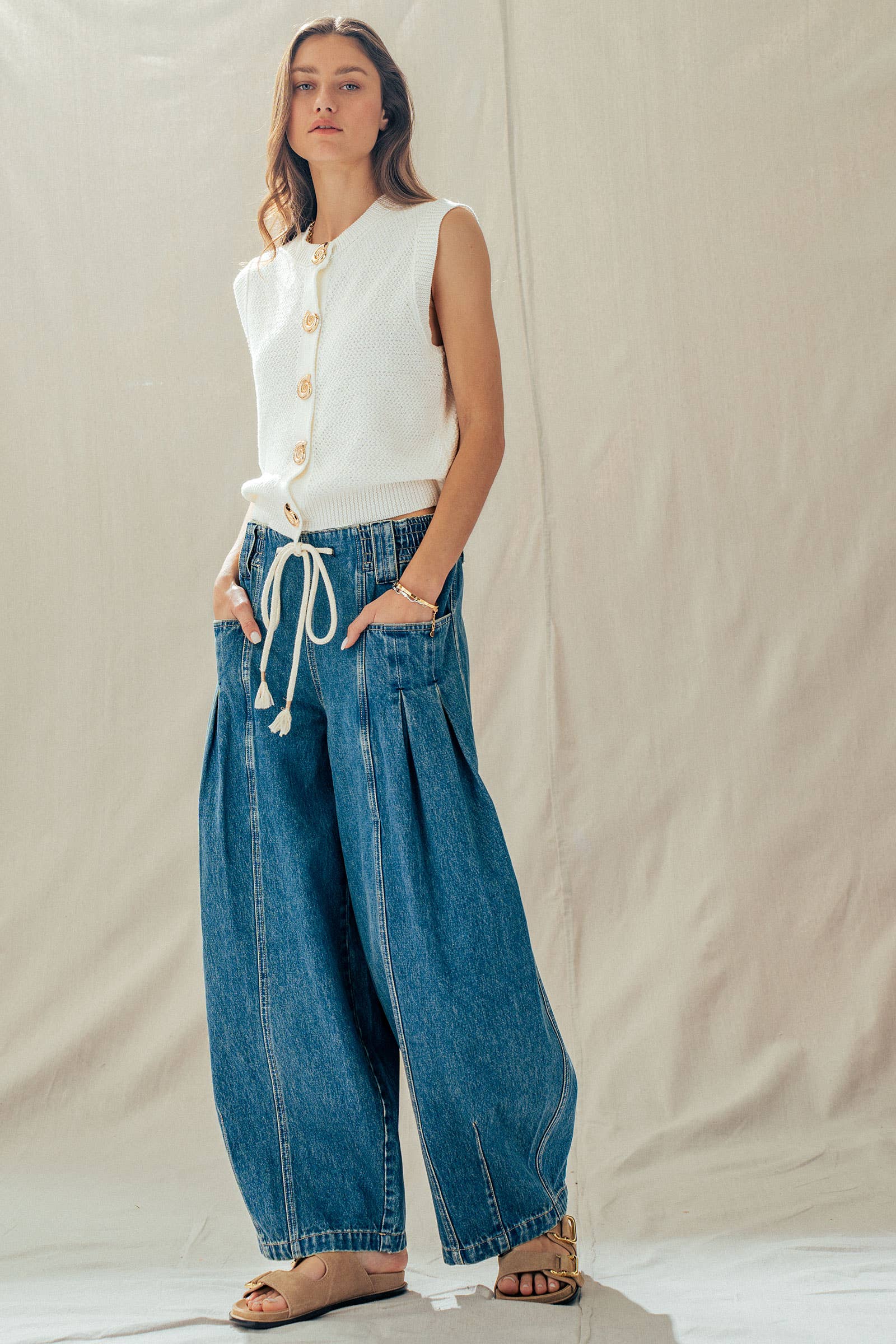 Urban Daizy Rope Drawstring Balloon Pants Pleated Front Brown-Stripe Pants - Women's (UDZ-PT-00481) – alternate view 25