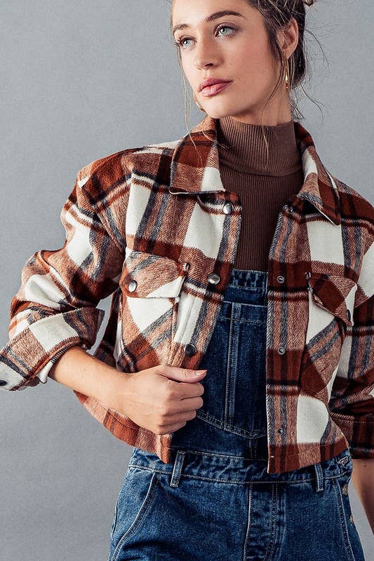 Urban Daizy BELLA SNAP BUTTON PLAID CROP JACKET Camel Jacket - Women's (UDZ-OT-00264) – alternate view 7