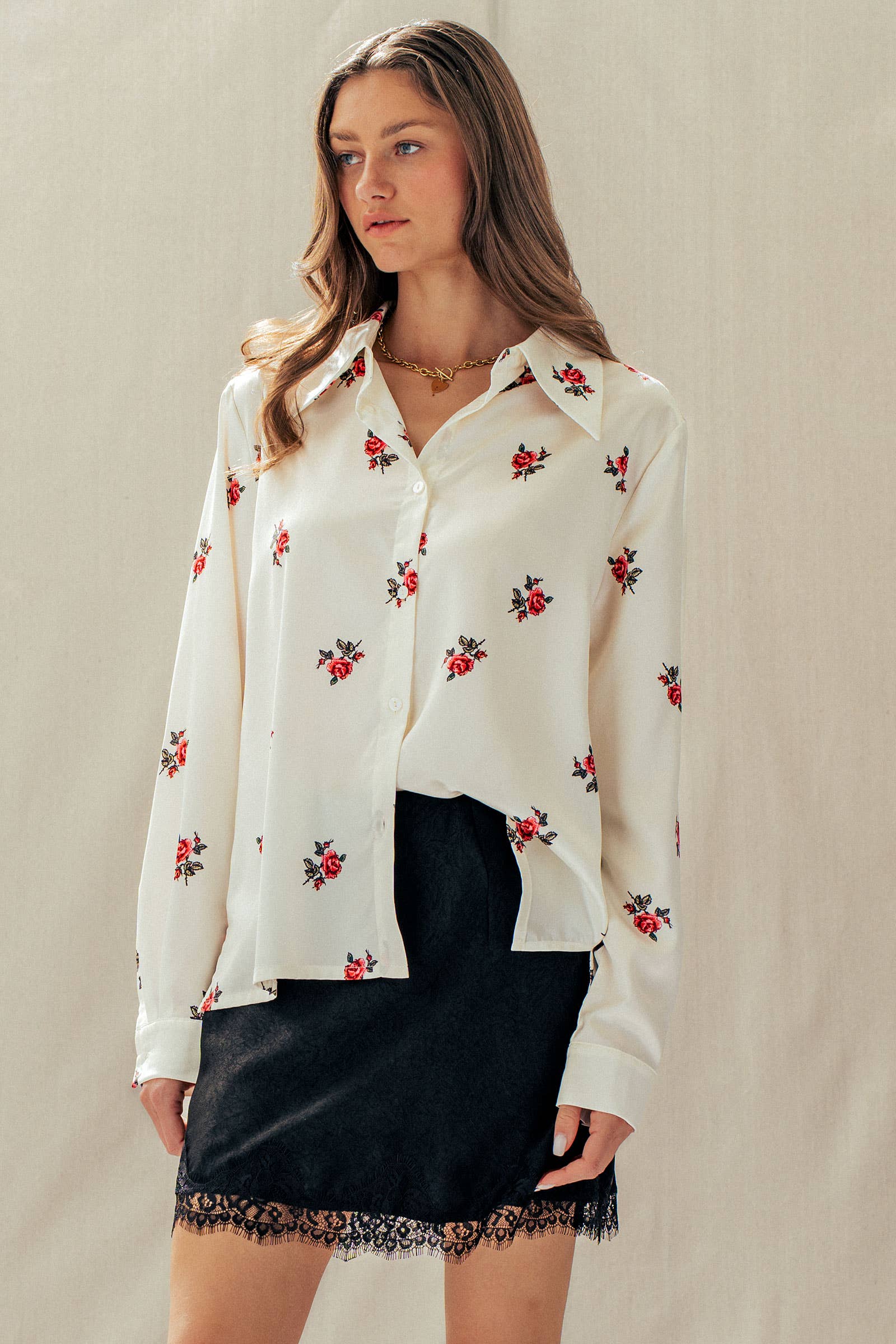 Rose Print Satin Button-Up Blouse