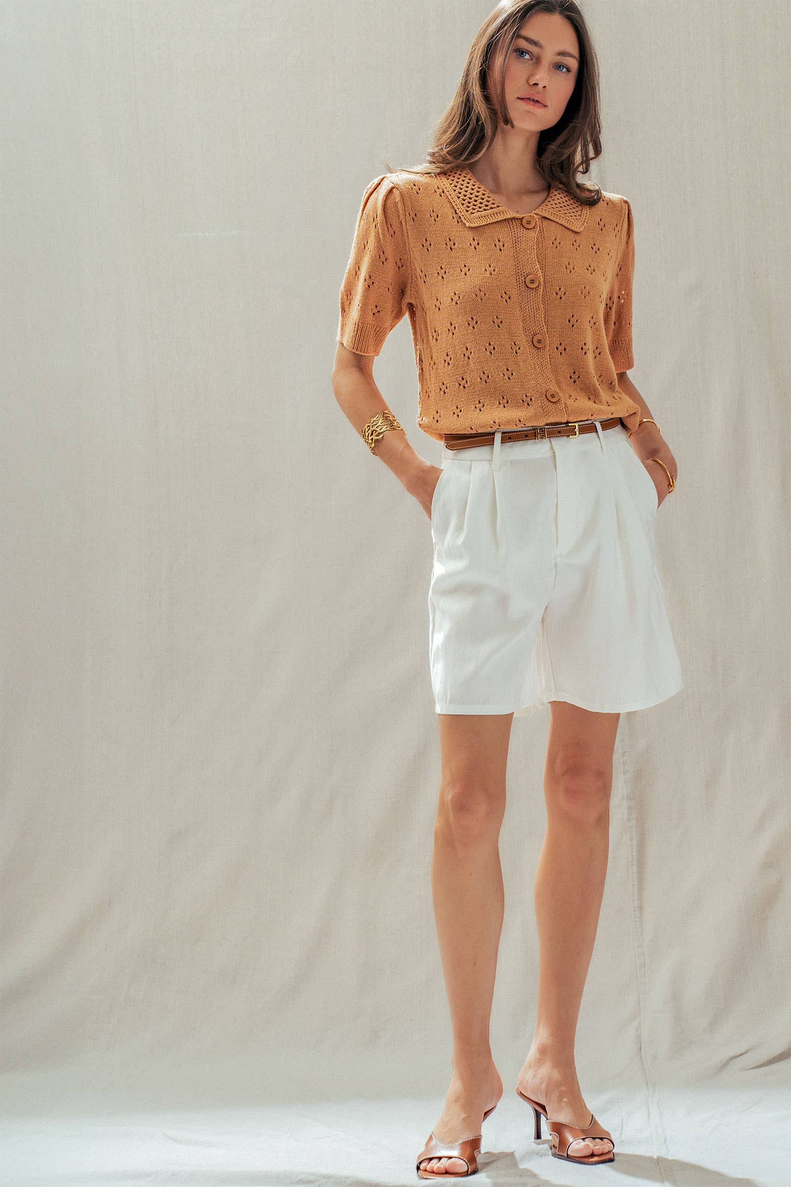 Urban Daizy Pointelle Knit Puff Sleeve Collared Cardigan Warm-Camel Cardigan - Women's (UDSW0345-Warm-Camel) – alternate view 11