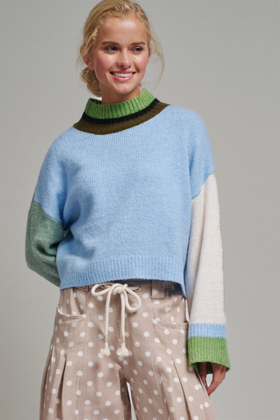 Paneled Hues Knit Sweater in BLUE SAGE - Women's Sweaters | Urban Daizy