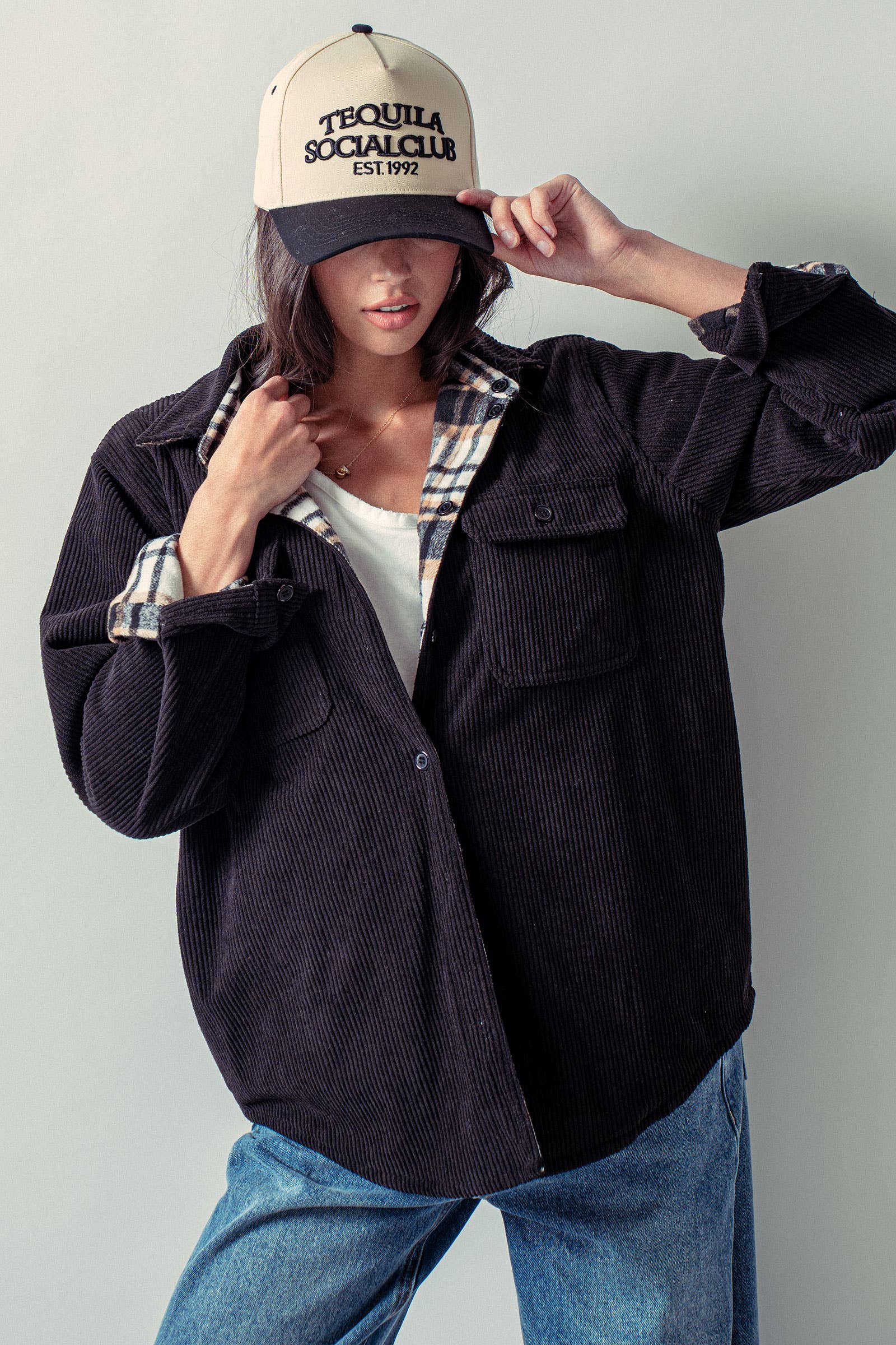 Urban Daizy Plaid Flannel-Lined Corduroy Shacket Taupe Shirt Jacket/Shacket - Women's (UDZ-KN-00150) – alternate view 18