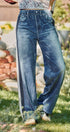 Wide Leg Faux Denim Print French Terry Track Pants with Side in IVORY NAVY - Women's Casual Pants | Urban Daizy