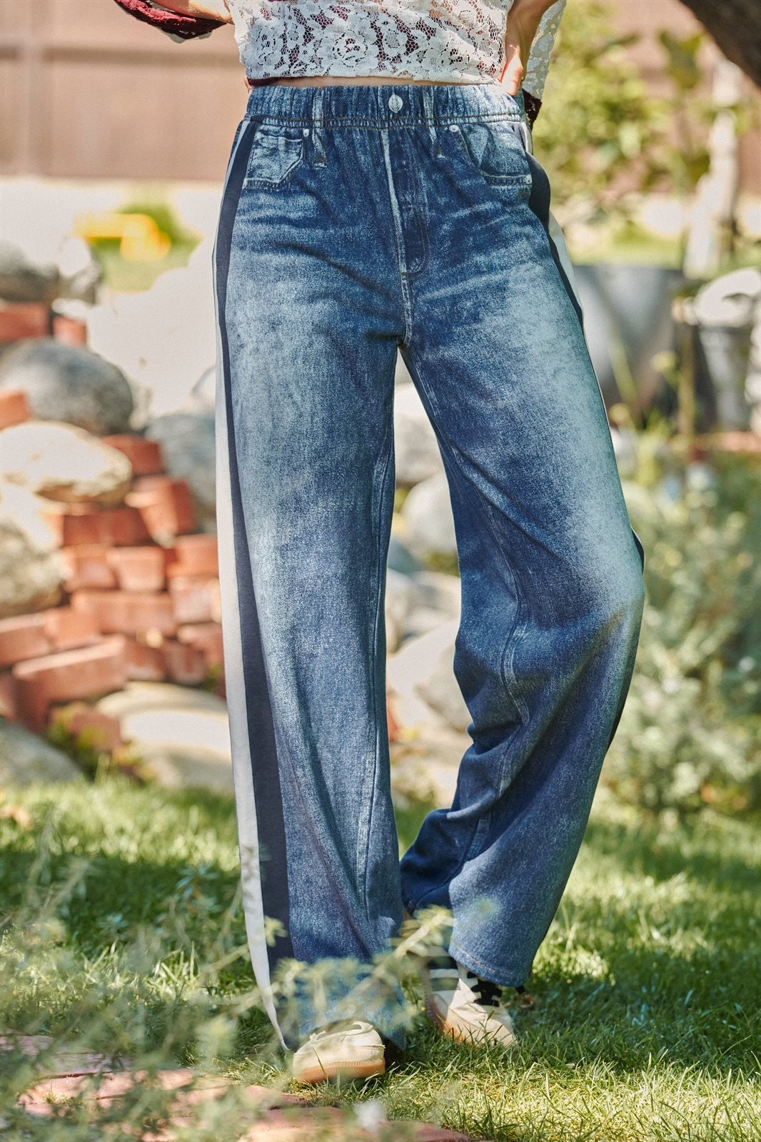 Wide Leg Faux Denim Print French Terry Track Pants with Side in IVORY NAVY - Women's Casual Pants | Urban Daizy