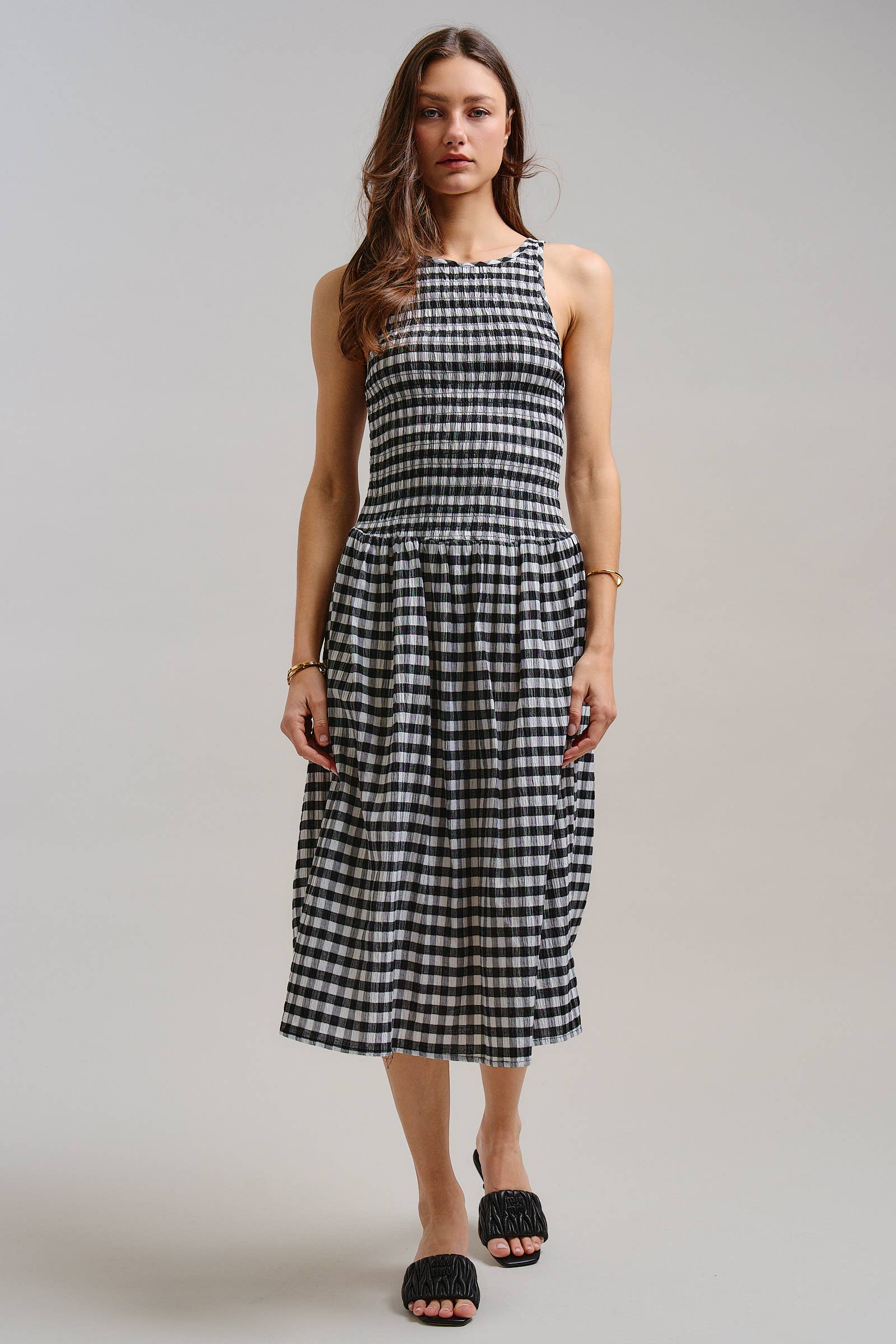 Urban Daizy Gingham Smocked Midi Dress Black Dress - Women's (TNDR1636-Black) – alternate view 2