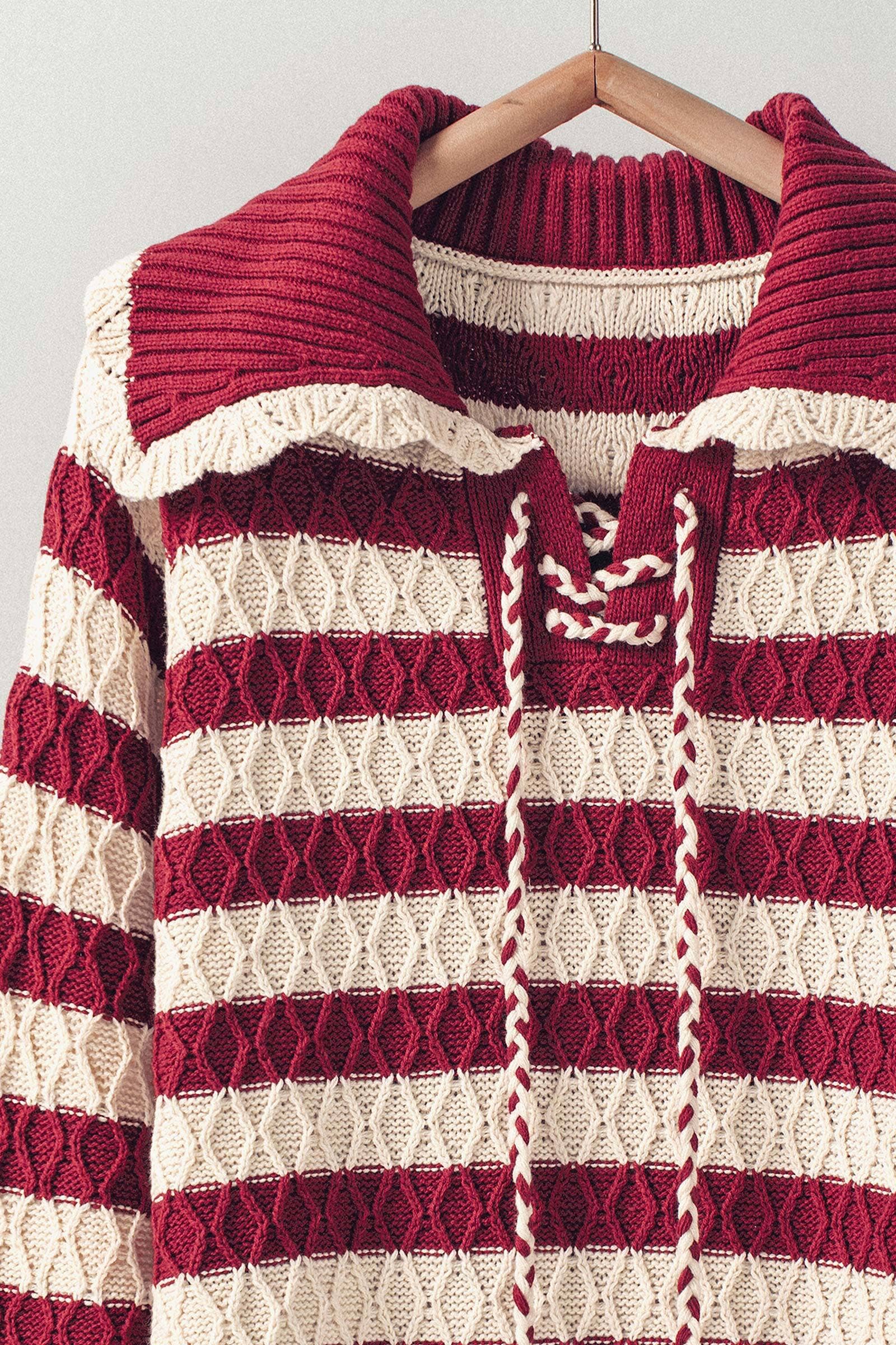 Lace-Up Cable Knit Striped Sweater Top