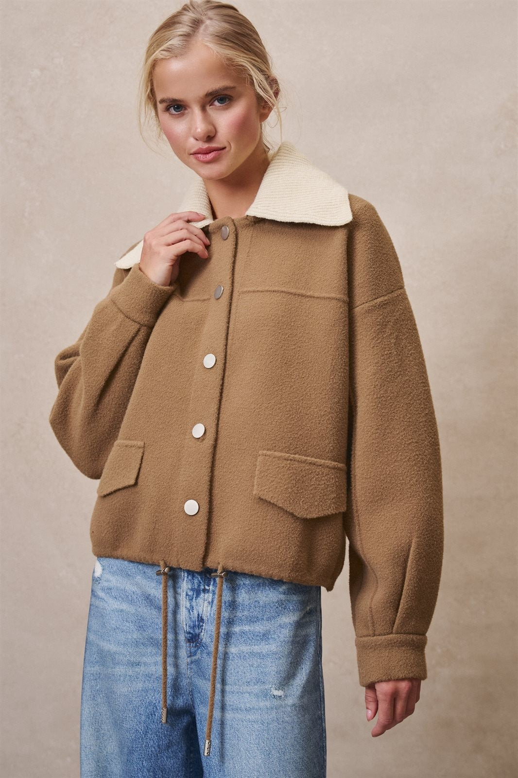 Sweater Knit Button Front Jacket with Detachable Collar in OLIVE - Women's Jackets & Blazers | Urban Daizy