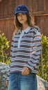 Striped Rugby Polo Long Sleeve Knit Top with Contrast Collar in IVORY BROWN - Women's T-Shirts & Polos | Urban Daizy