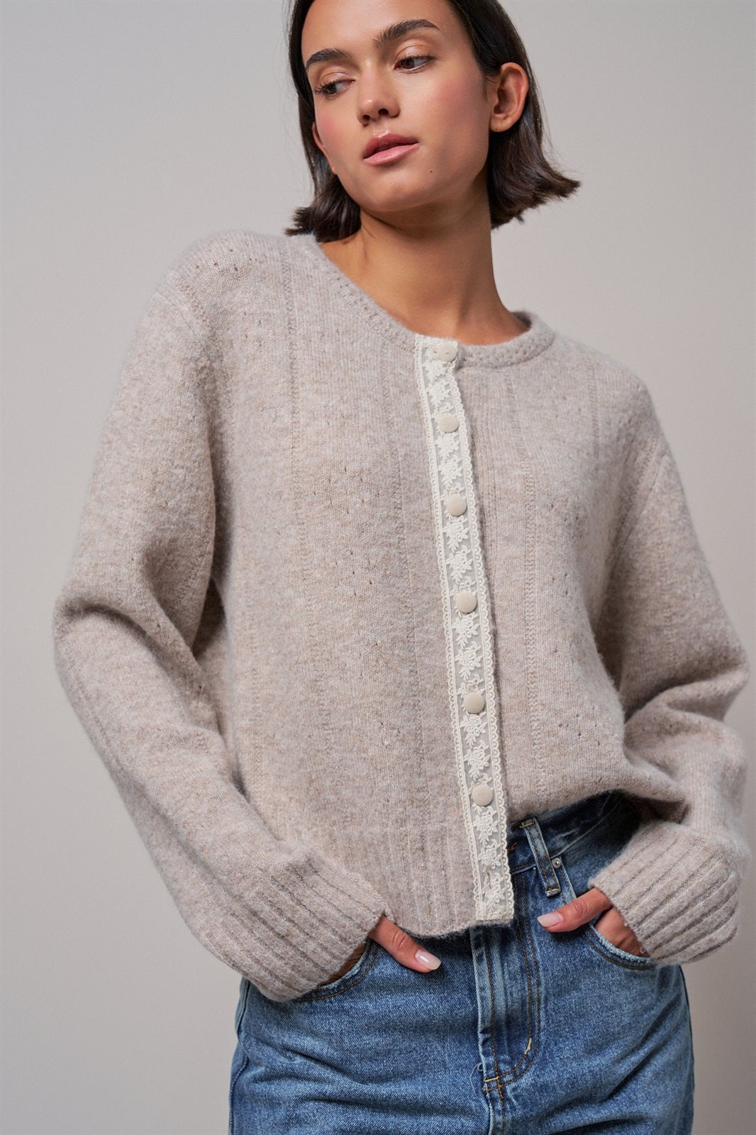 Elegant Wool Blend Cardigan with Lace Trim Detail in MOCHA - Women's Cardigans & Shrugs | Urban Daizy
