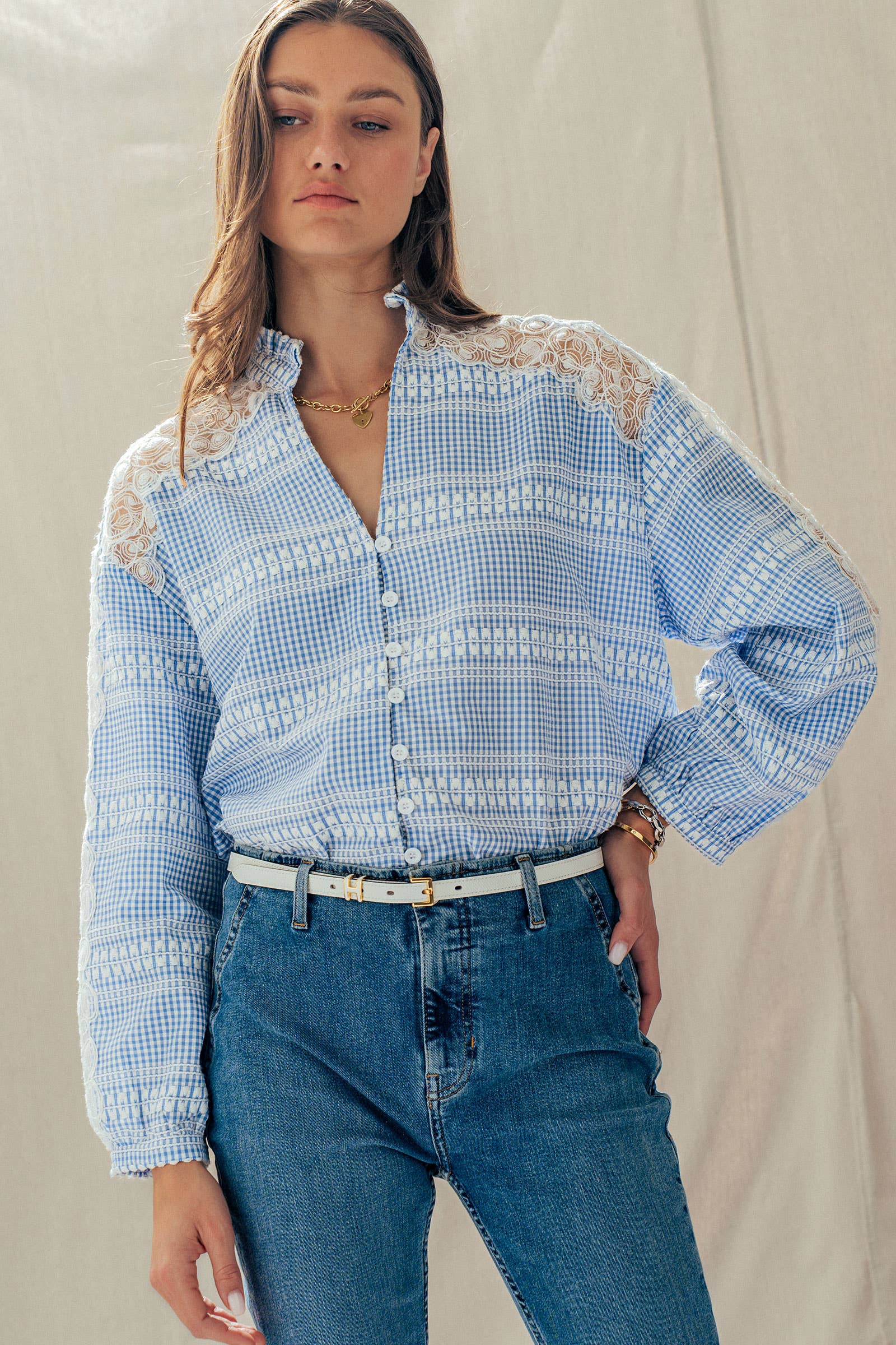Urban Daizy Gingham Plaid Blouse Lace Insert Long Sleeve Blue Button Down Shirt - Women's (UDZ-TP-01056) – alternate view 9