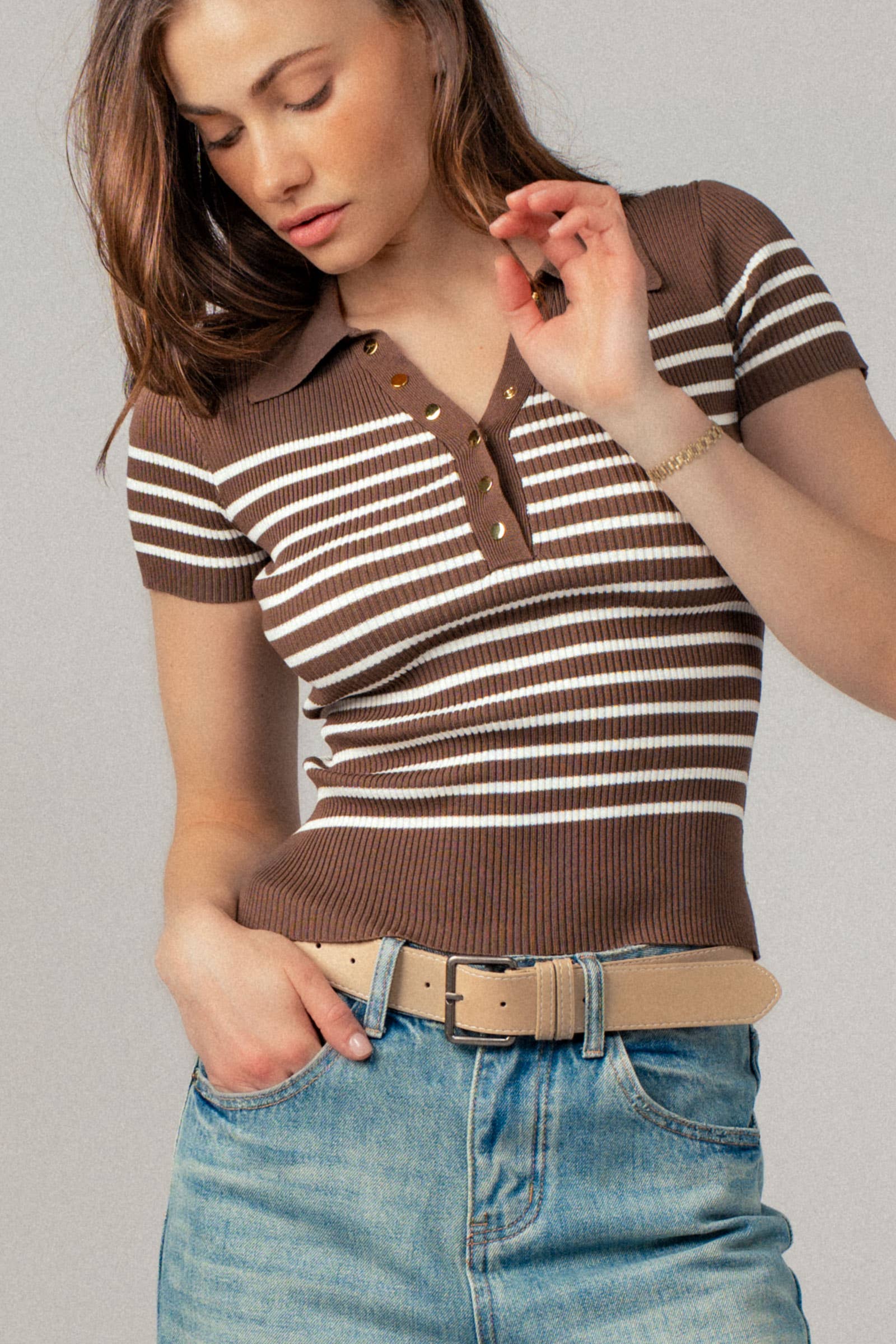 Striped Snap Collar Rib Knit Top