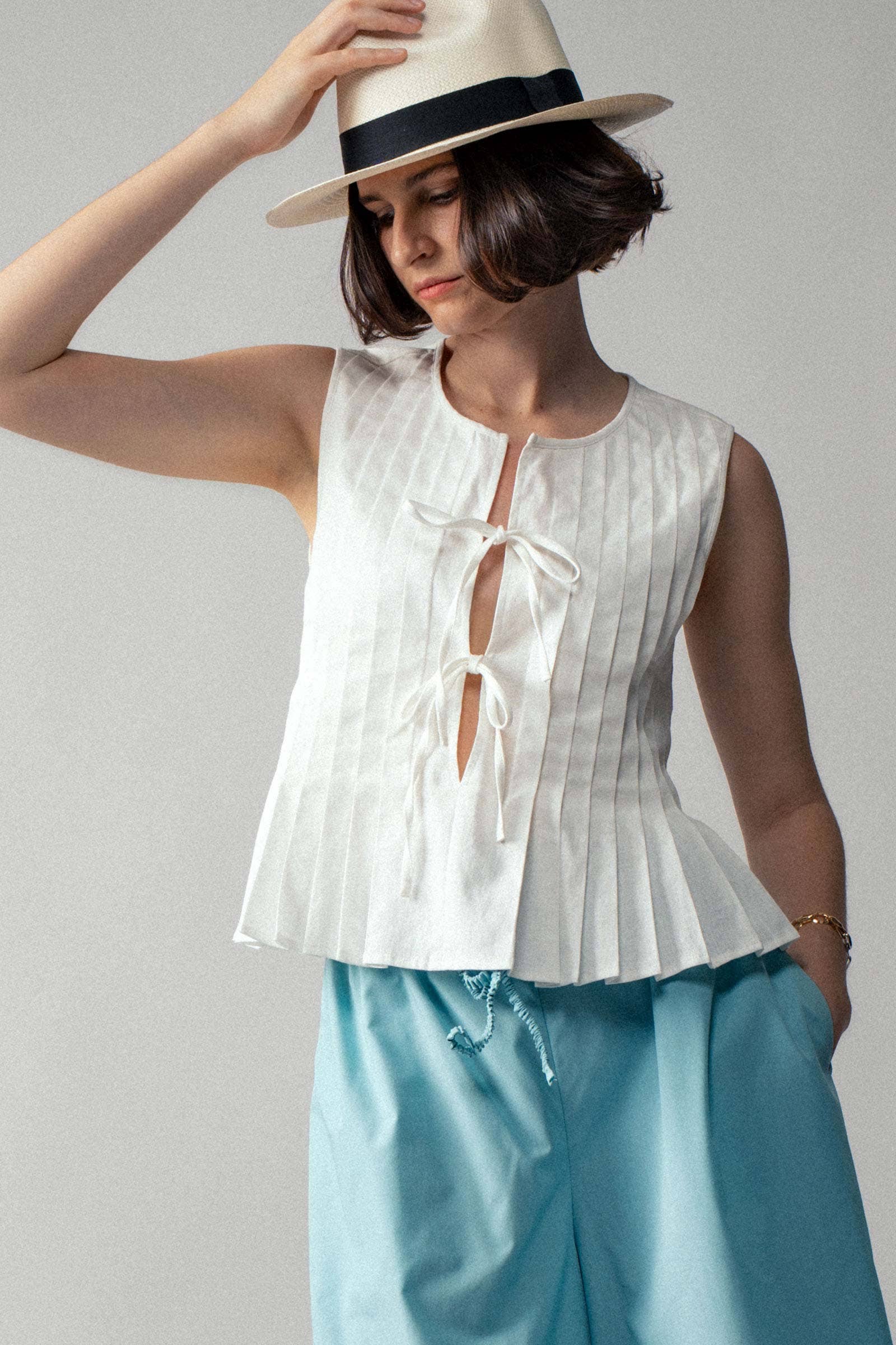Urban Daizy Pleated Bow Front White Top Ivory Blouse - Women's (UDZ-DR-00389) – alternate view 17