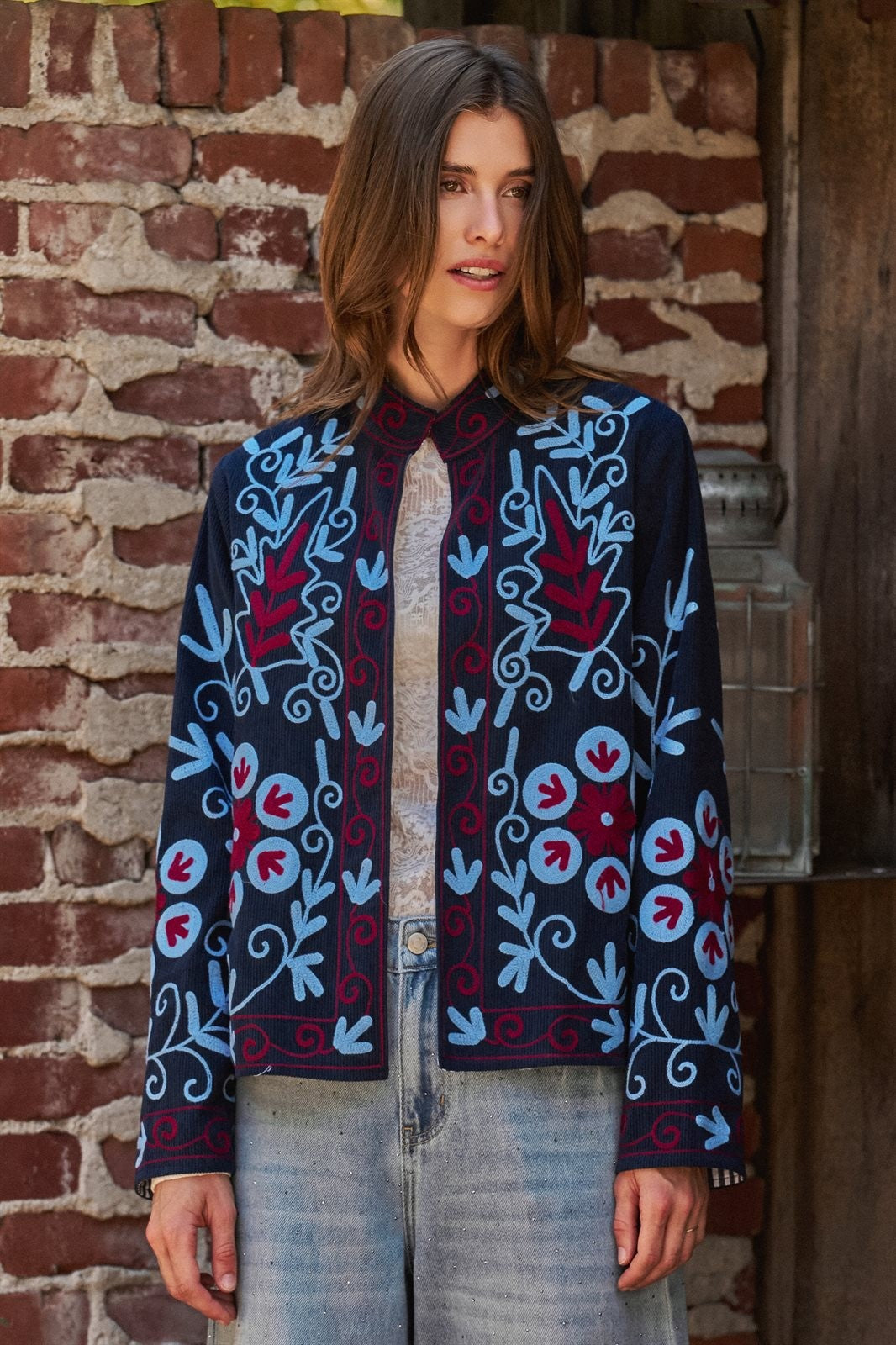Embroidered Corduroy Jacket with Folk Floral Scroll in NAVY - Women's Jackets & Blazers | Urban Daizy