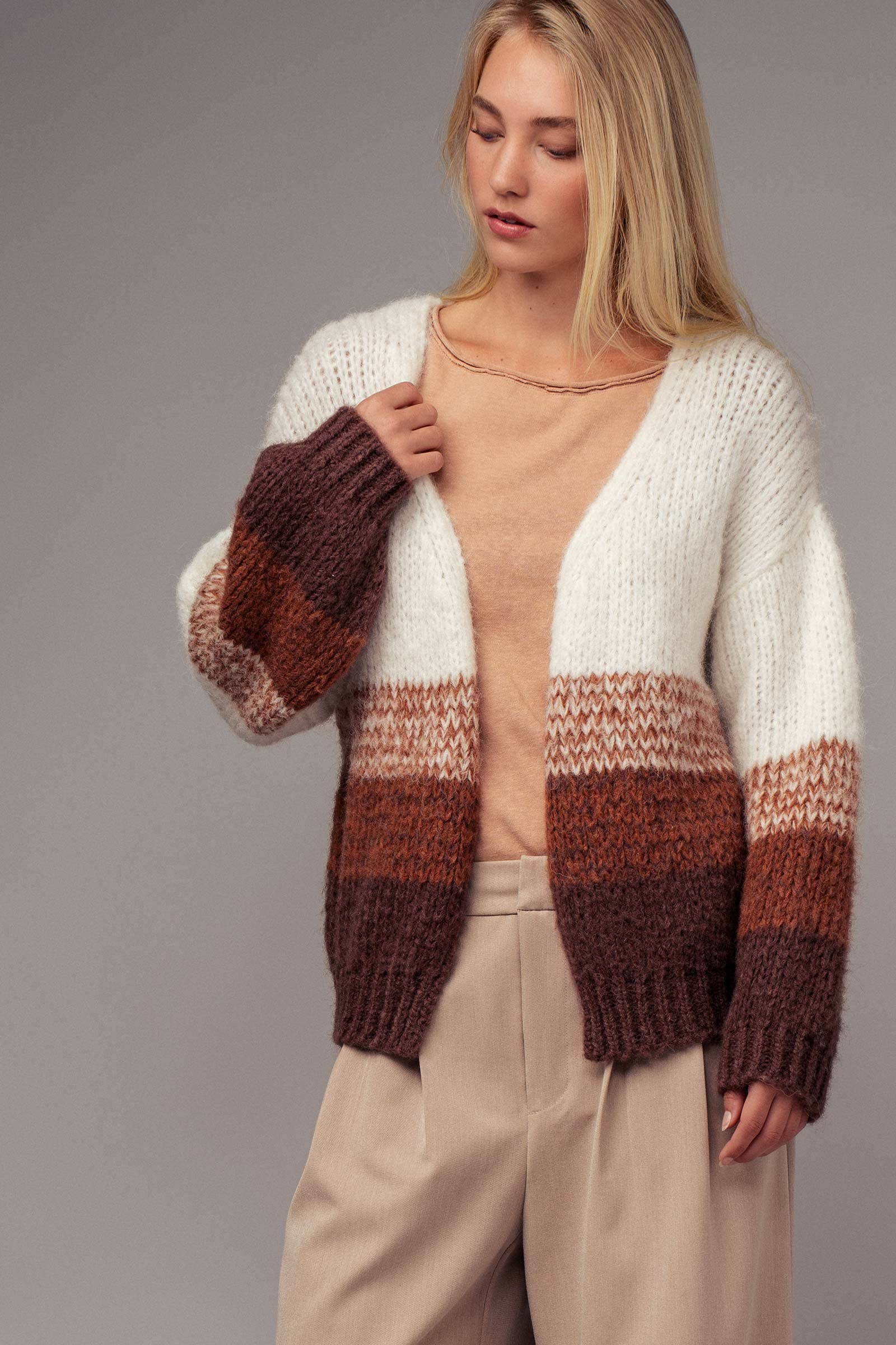 Warm Earthy Colorblock Chunky Knit Cardigan