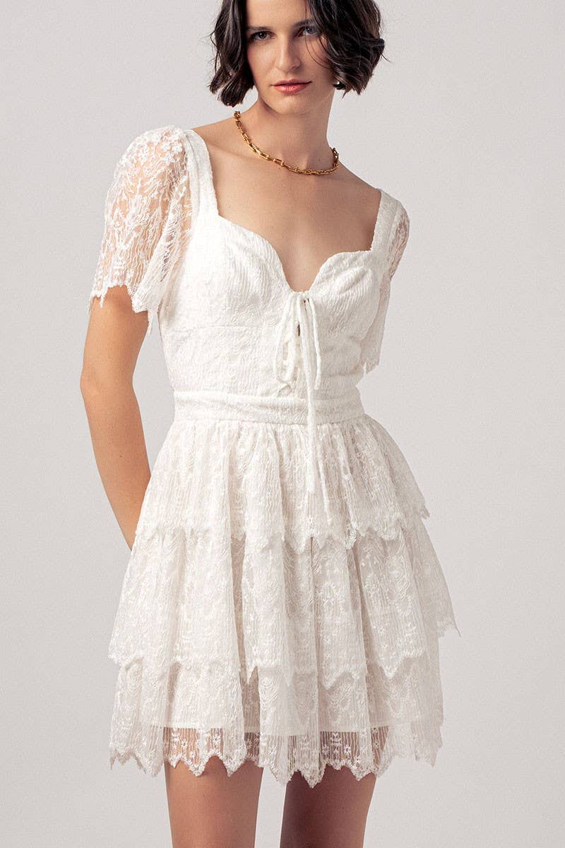 Tiered Lace Mini Dress with Corset Bodice and Puff Sleeves
